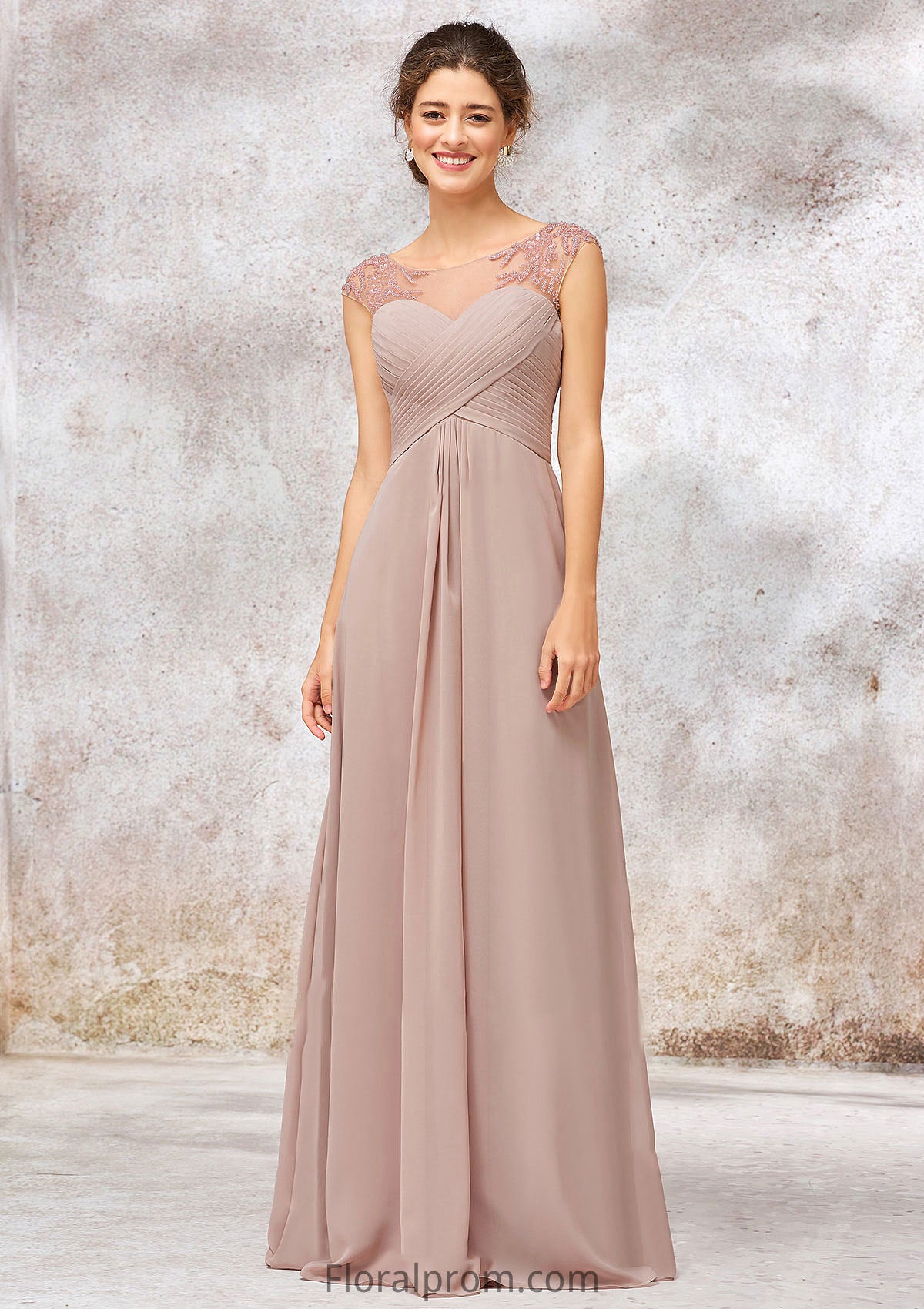 Illusion Neck Long/Floor-Length Chiffon A-line/Princess Bridesmaid Dresses  With Sequins Pleated Beading Harriet HJP0025334