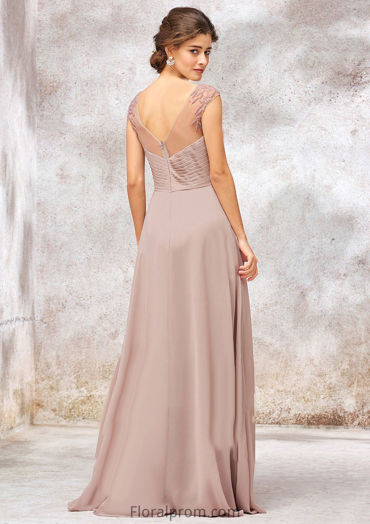 Illusion Neck Long/Floor-Length Chiffon A-line/Princess Bridesmaid Dresses  With Sequins Pleated Beading Harriet HJP0025334