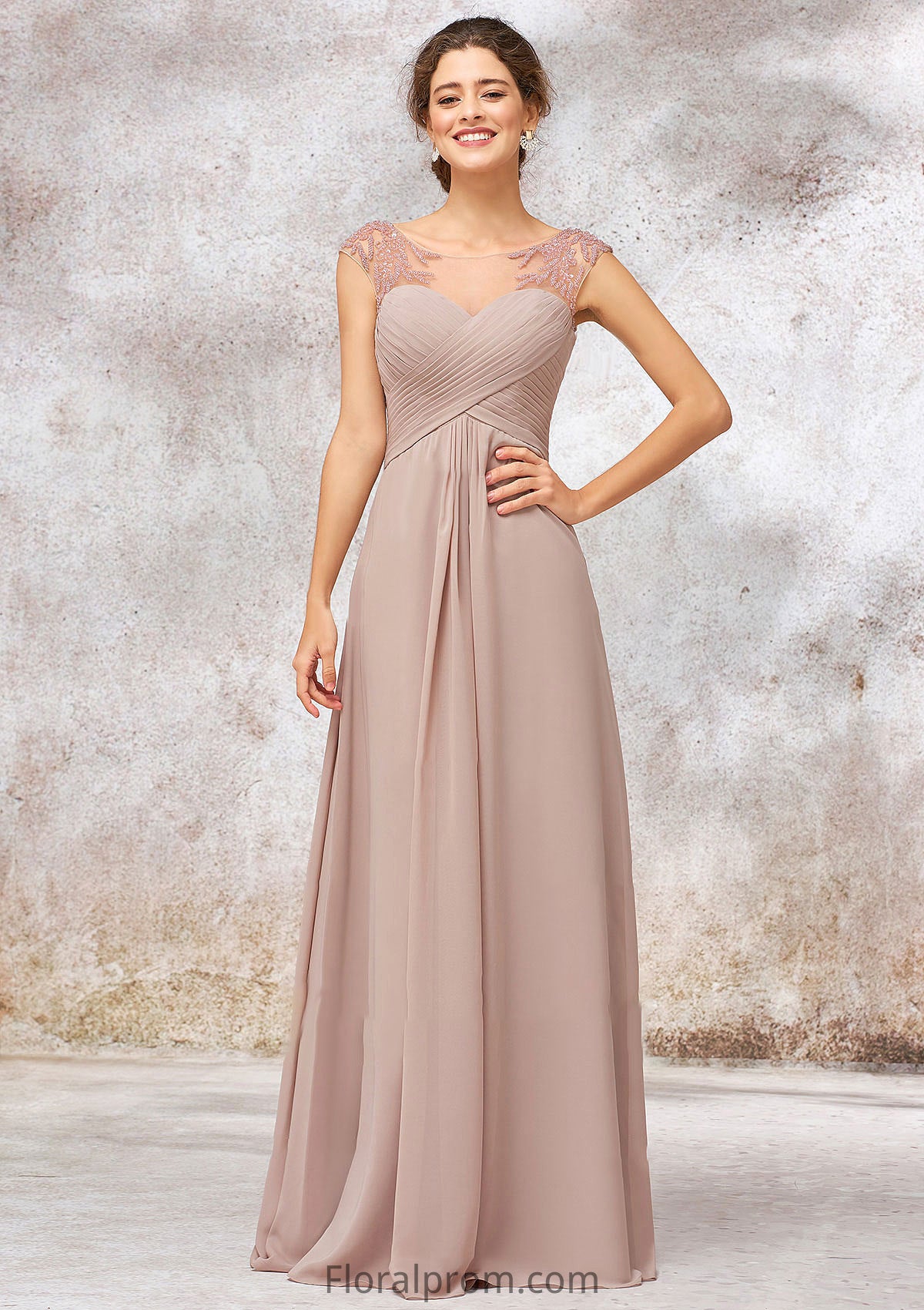 Illusion Neck Long/Floor-Length Chiffon A-line/Princess Bridesmaid Dresses  With Sequins Pleated Beading Harriet HJP0025334