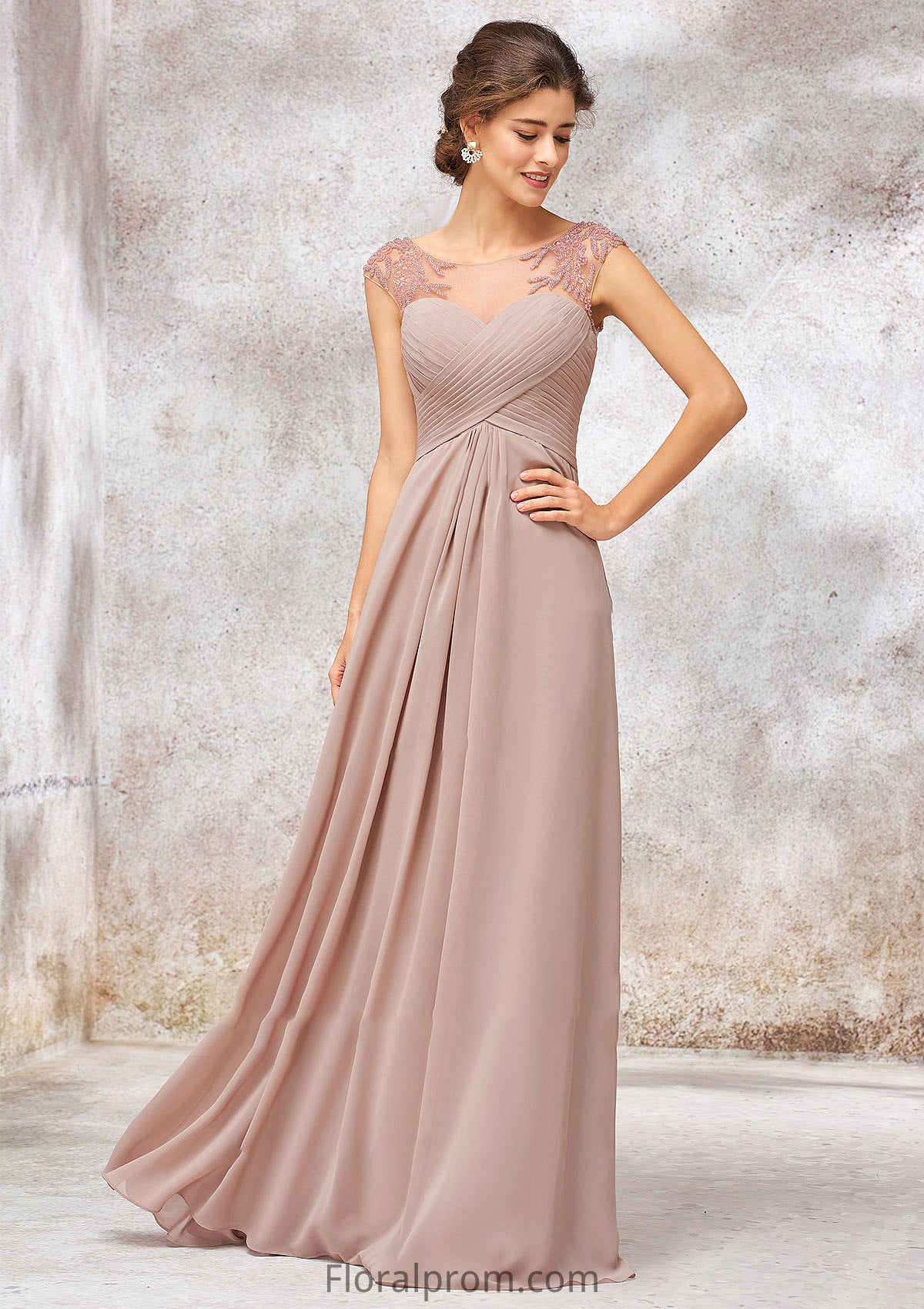 Illusion Neck Long/Floor-Length Chiffon A-line/Princess Bridesmaid Dresses  With Sequins Pleated Beading Harriet HJP0025334