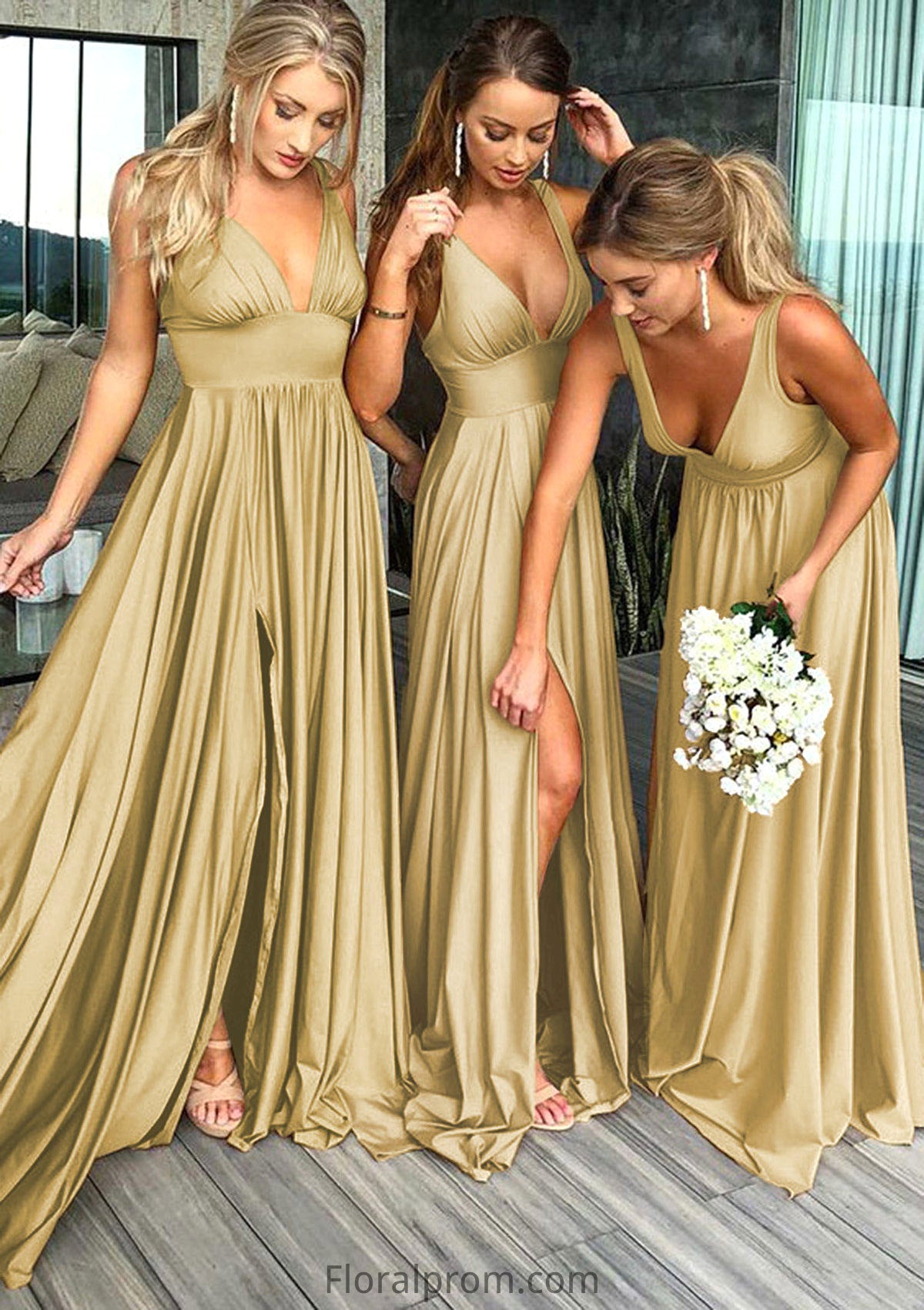 A-Line/Princess V-Neck Sweep Train Jersey Bridesmaid Dresses With Split Front Pleated Waistband Deanna HJP0025336