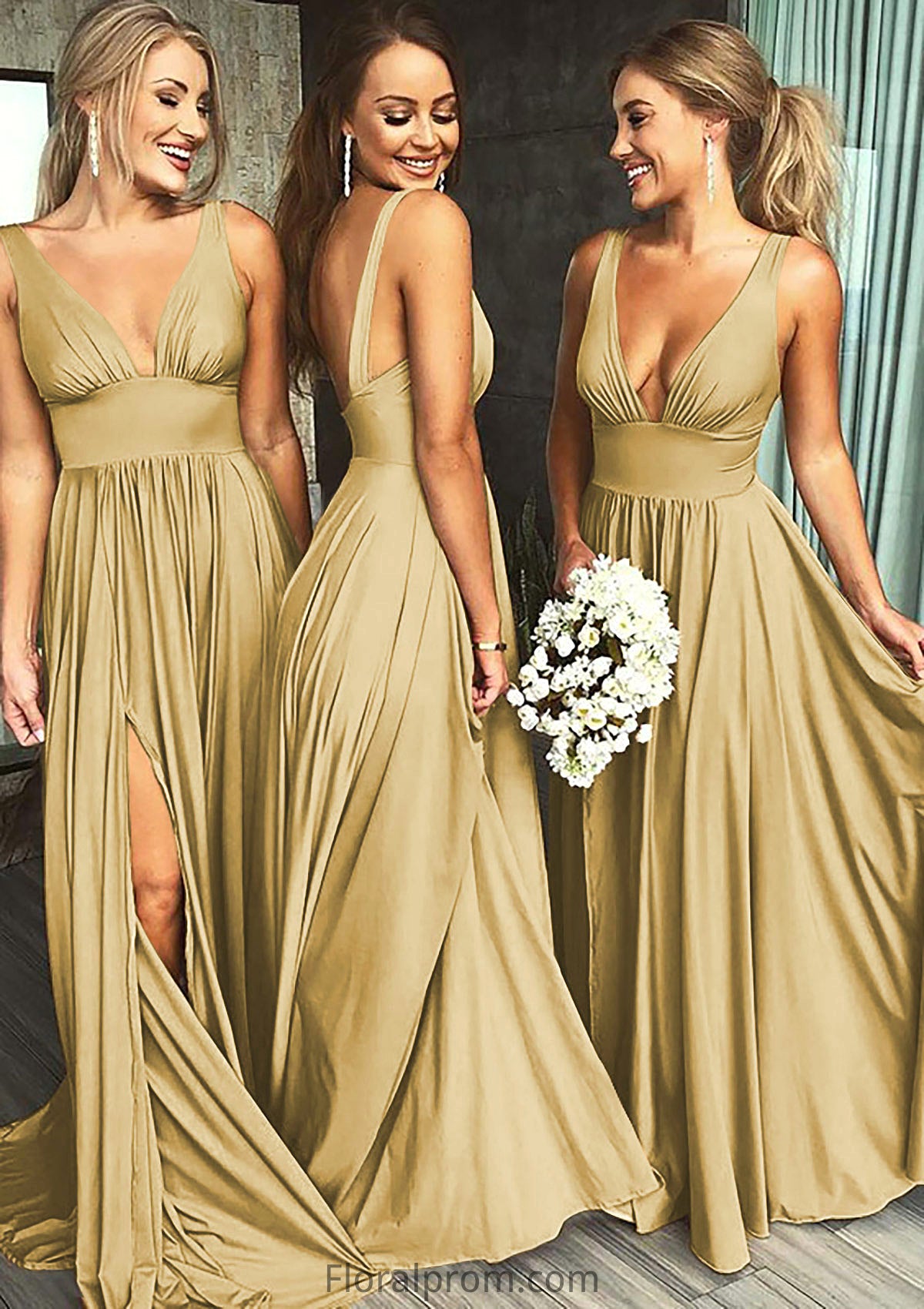 A-Line/Princess V-Neck Sweep Train Jersey Bridesmaid Dresses With Split Front Pleated Waistband Deanna HJP0025336