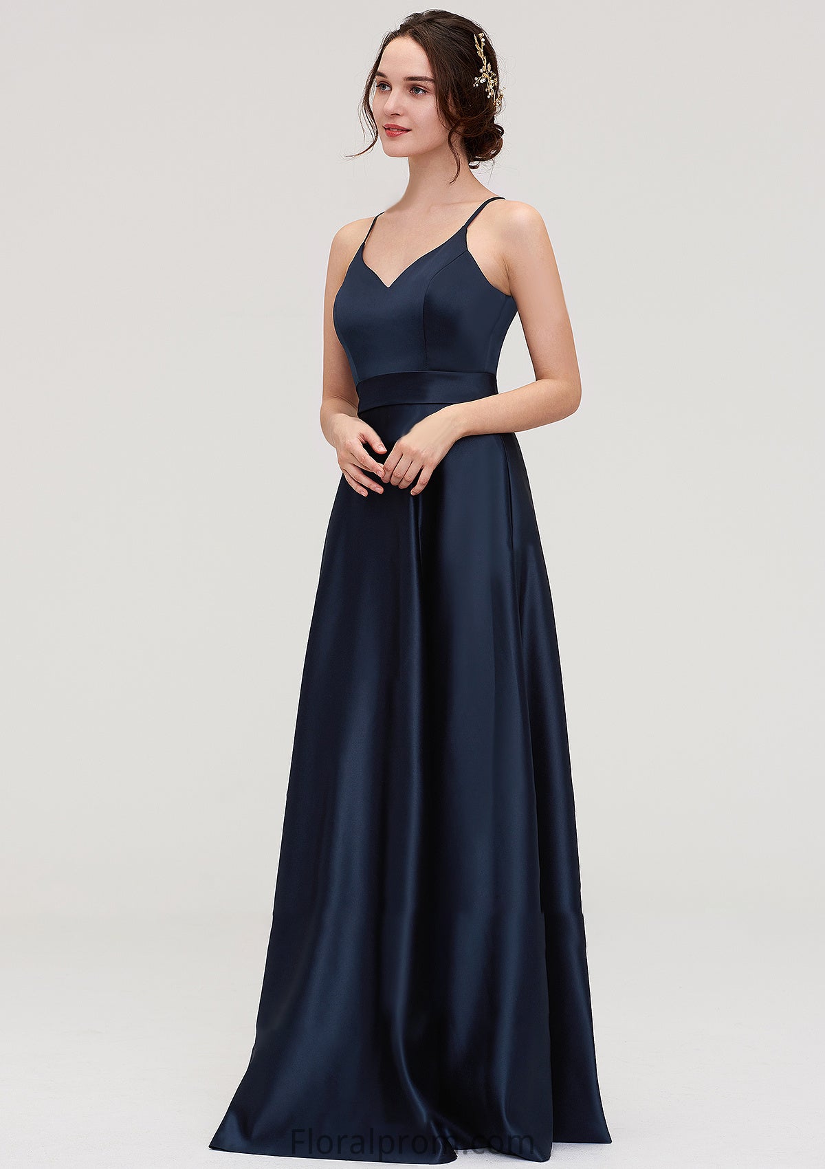 V Neck Sleeveless Long/Floor-Length Satin A-line/Princess Bridesmaid Dresseses Tricia HJP0025345