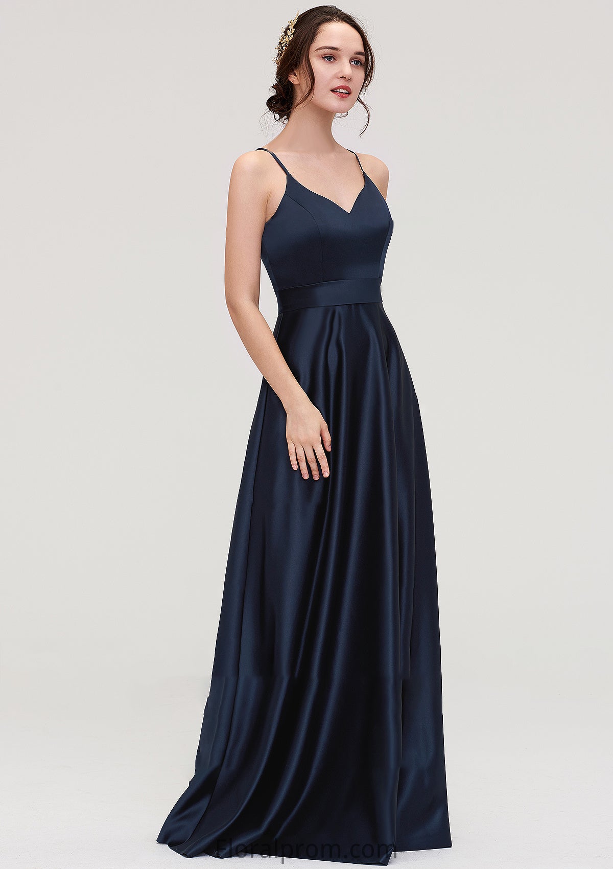 V Neck Sleeveless Long/Floor-Length Satin A-line/Princess Bridesmaid Dresseses Tricia HJP0025345