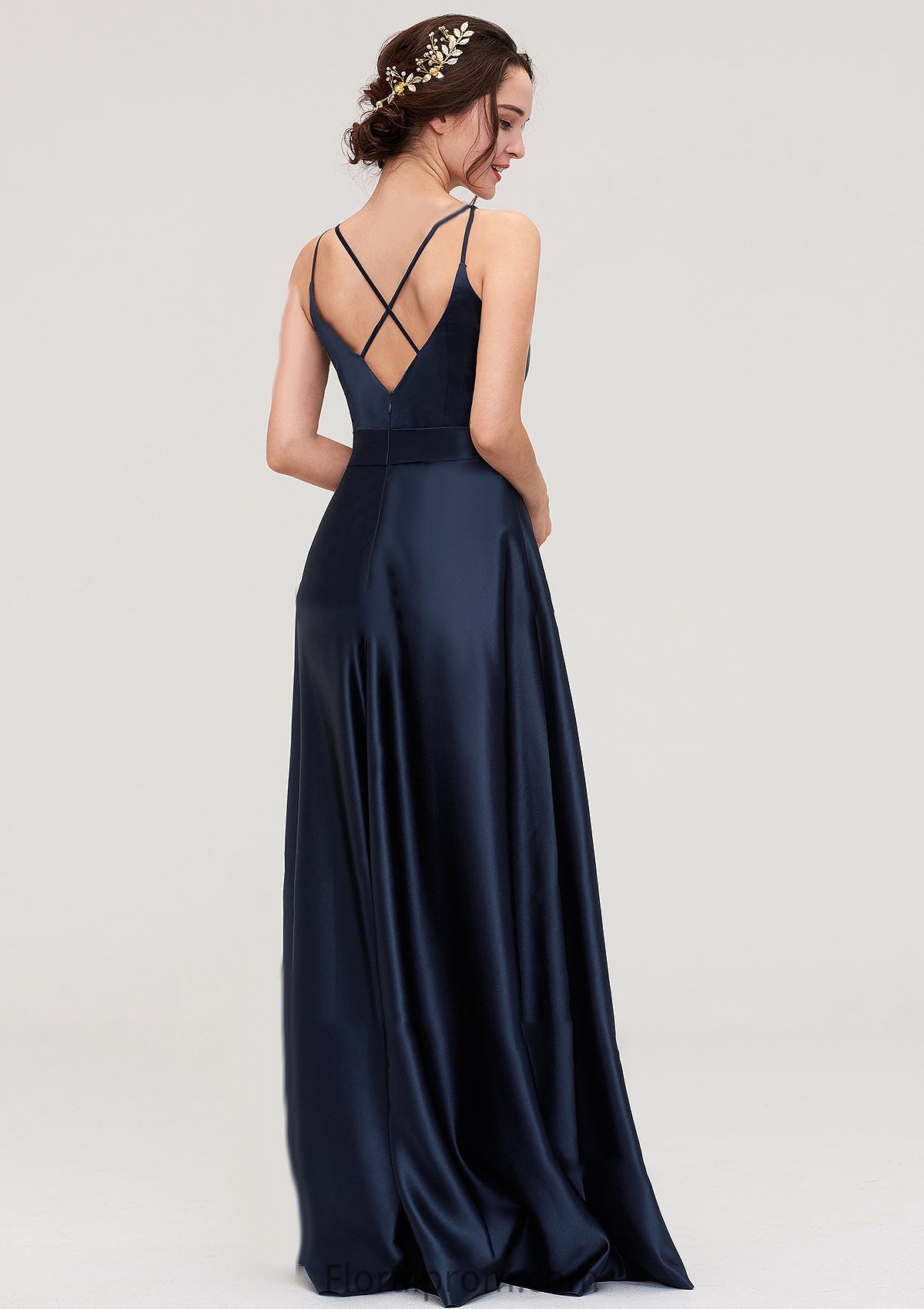 V Neck Sleeveless Long/Floor-Length Satin A-line/Princess Bridesmaid Dresseses Tricia HJP0025345