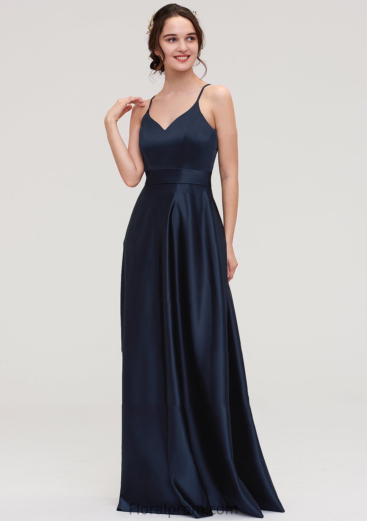 V Neck Sleeveless Long/Floor-Length Satin A-line/Princess Bridesmaid Dresseses Tricia HJP0025345