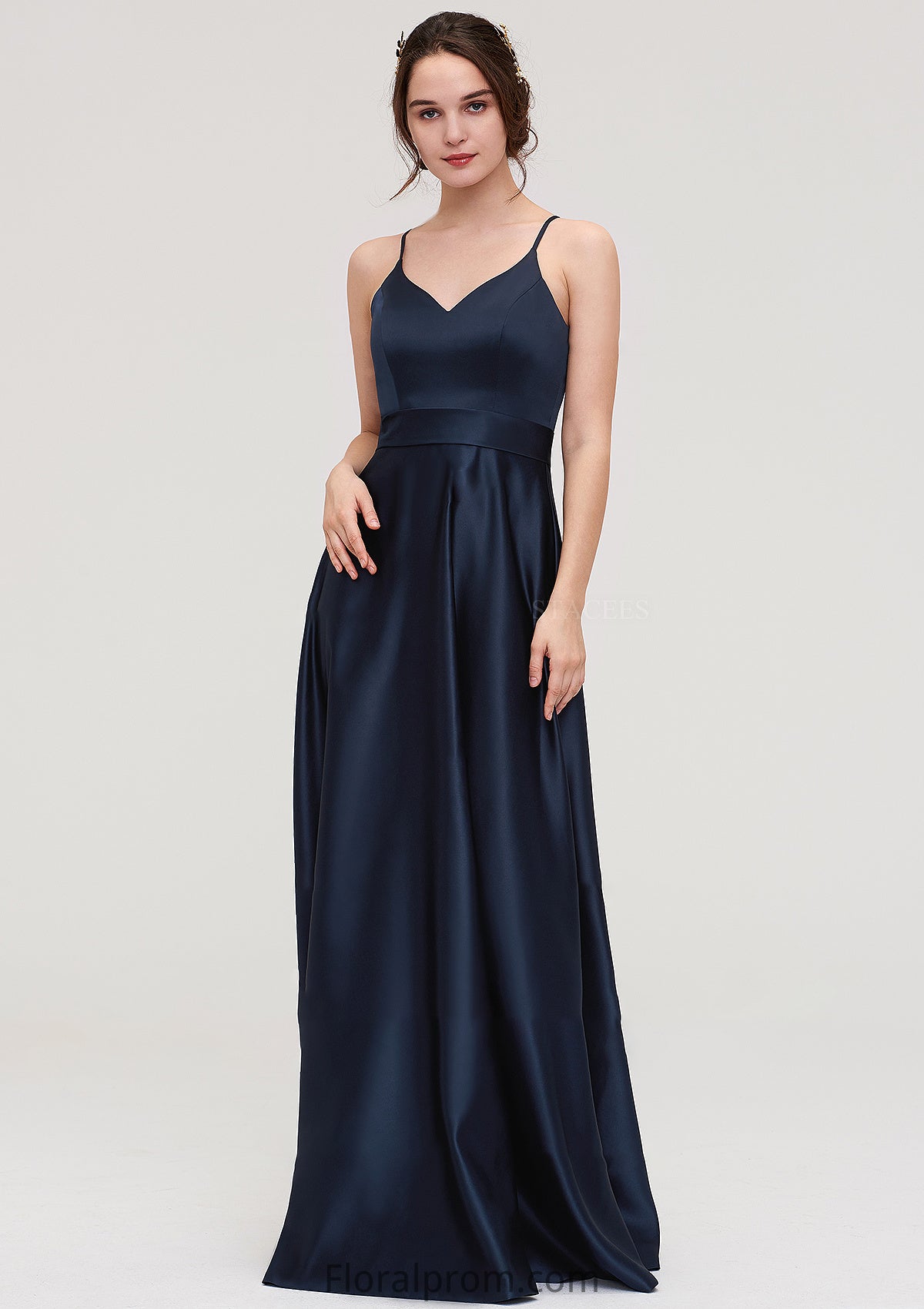 V Neck Sleeveless Long/Floor-Length Satin A-line/Princess Bridesmaid Dresseses Tricia HJP0025345