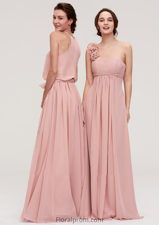 Sleeveless One-Shoulder Long/Floor-Length Chiffon A-line/Princess Bridesmaid Dresses With Pleated Flowers Frederica HJP0025346