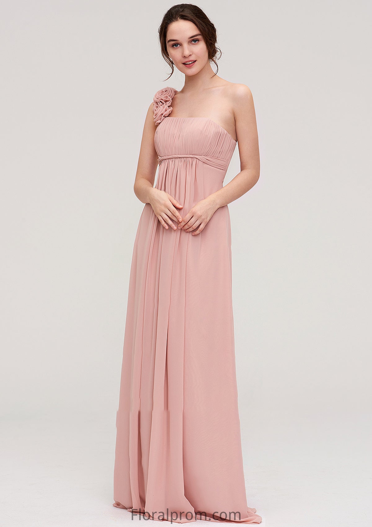 Sleeveless One-Shoulder Long/Floor-Length Chiffon A-line/Princess Bridesmaid Dresses With Pleated Flowers Frederica HJP0025346