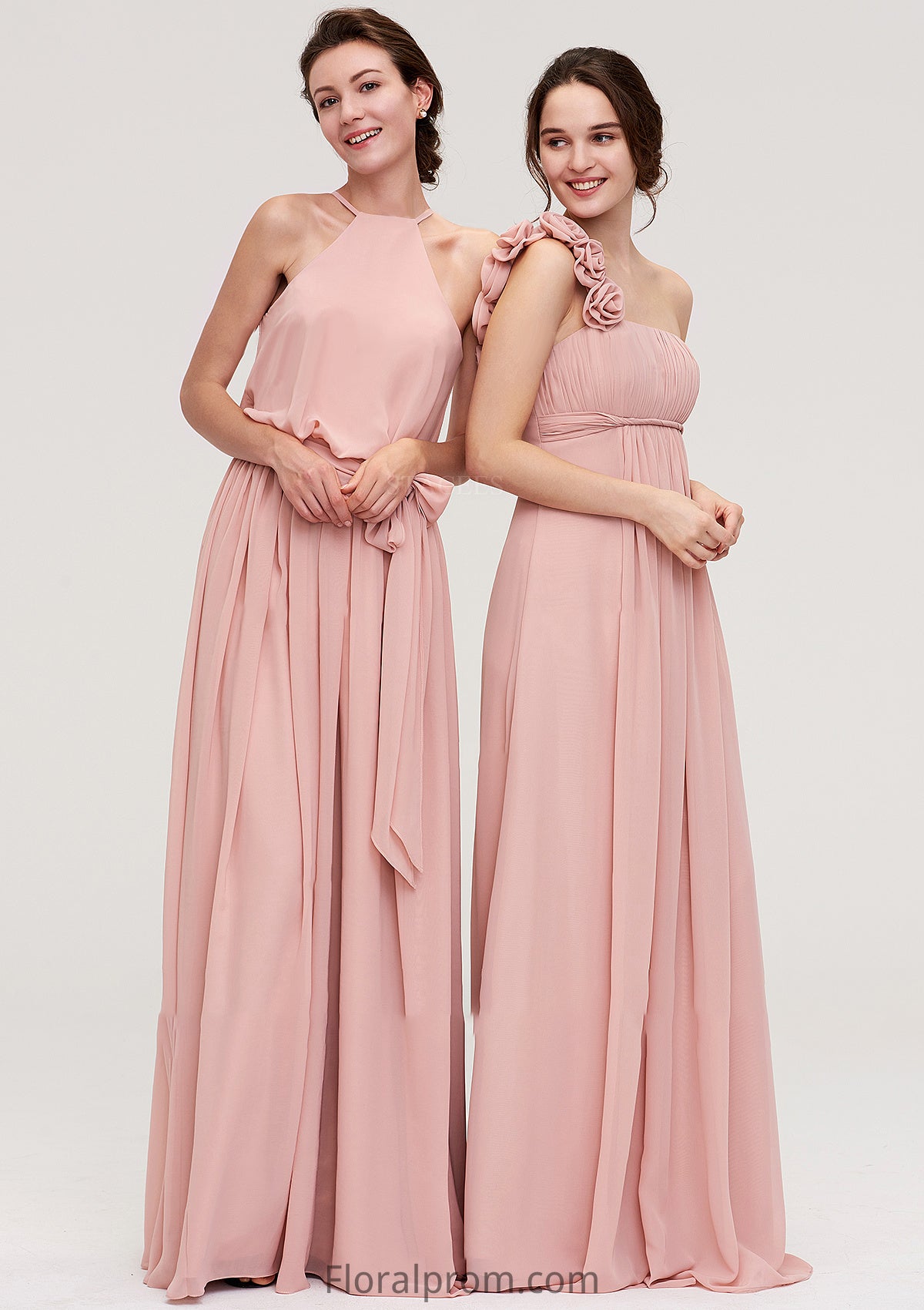 Sleeveless One-Shoulder Long/Floor-Length Chiffon A-line/Princess Bridesmaid Dresses With Pleated Flowers Frederica HJP0025346