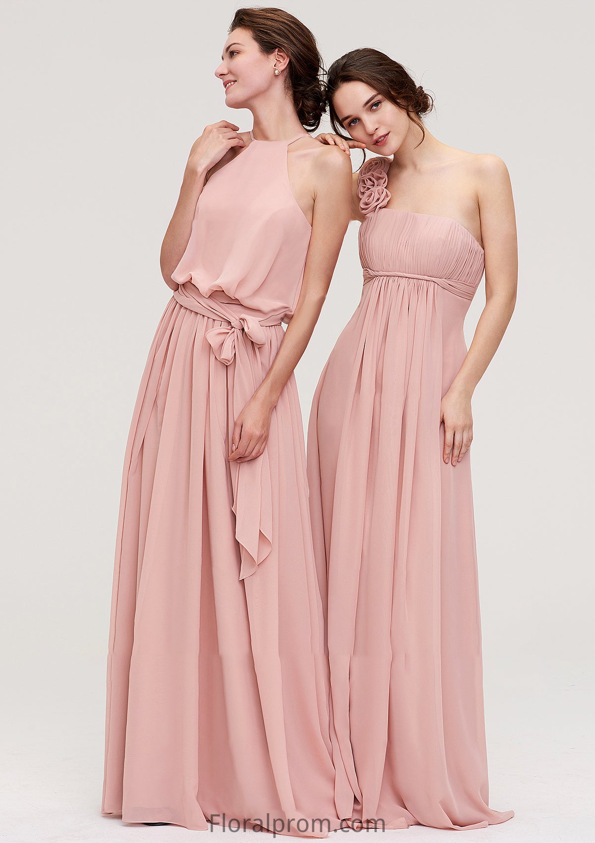 Sleeveless One-Shoulder Long/Floor-Length Chiffon A-line/Princess Bridesmaid Dresses With Pleated Flowers Frederica HJP0025346