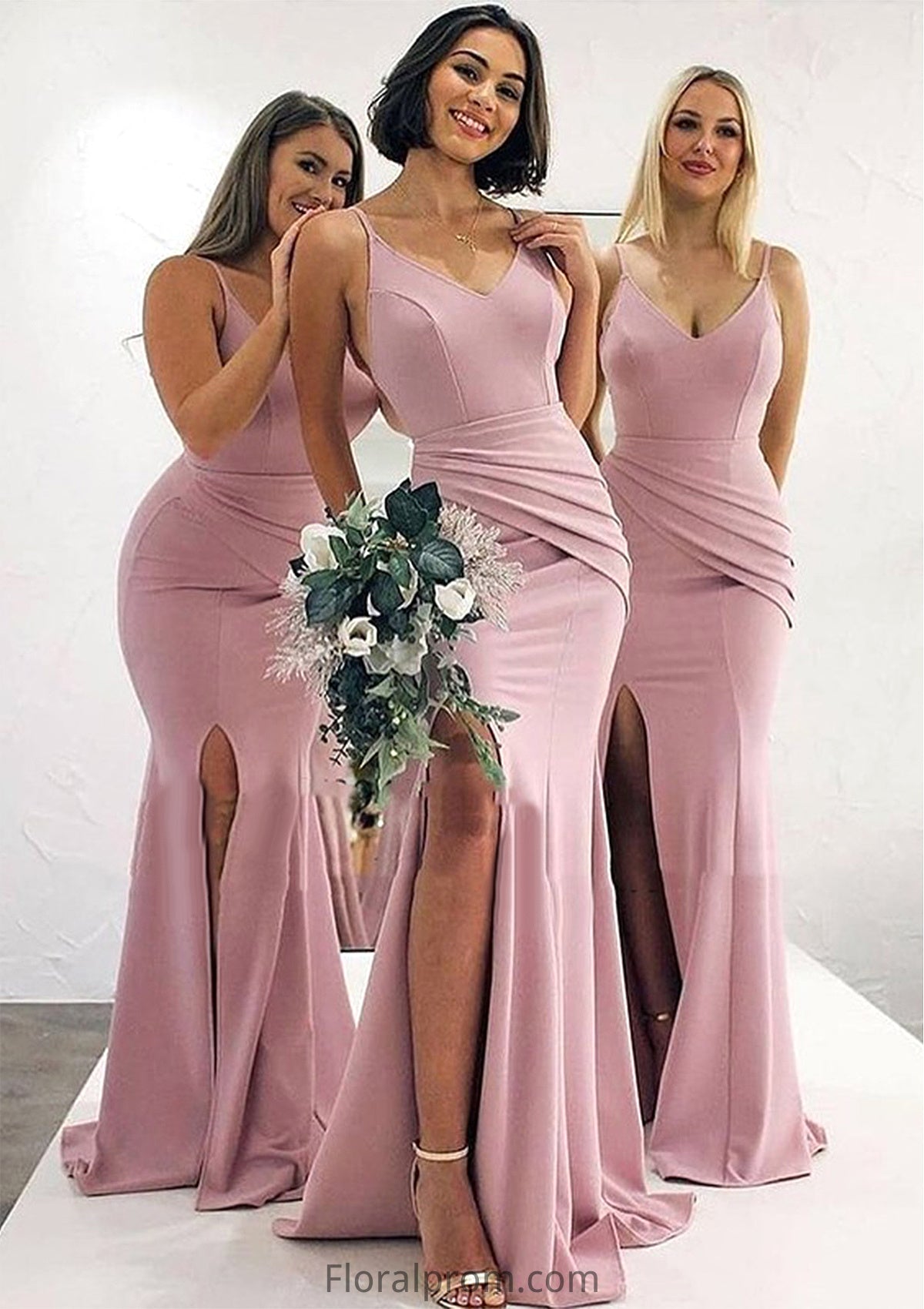 Trumpet/Mermaid V Neck Sleeveless Long/Floor-Length Elastic Satin Bridesmaid Dresses With Pleated Split Irene HJP0025347