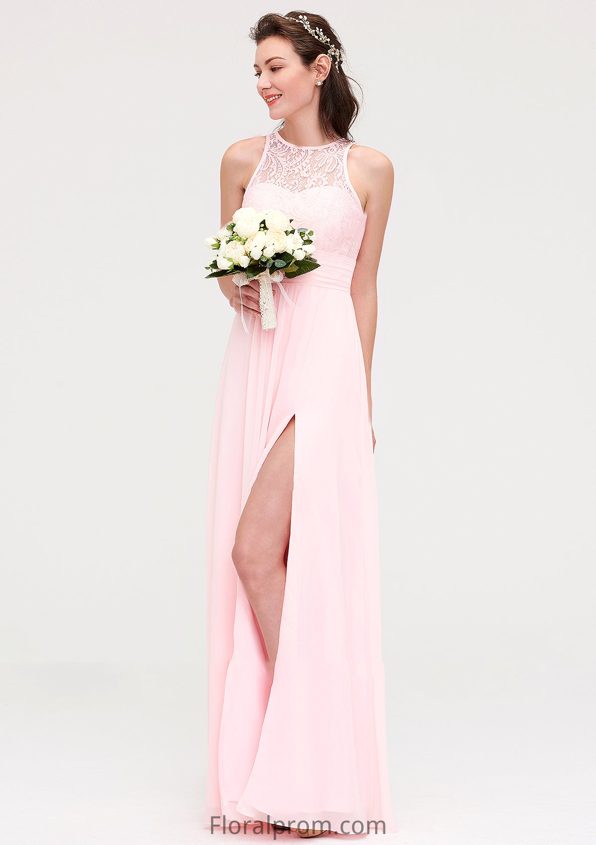 Sleeveless Scoop Neck Chiffon A-line/Princess Long/Floor-Length Bridesmaid Dresseses With Split Lace Zoe HJP0025349