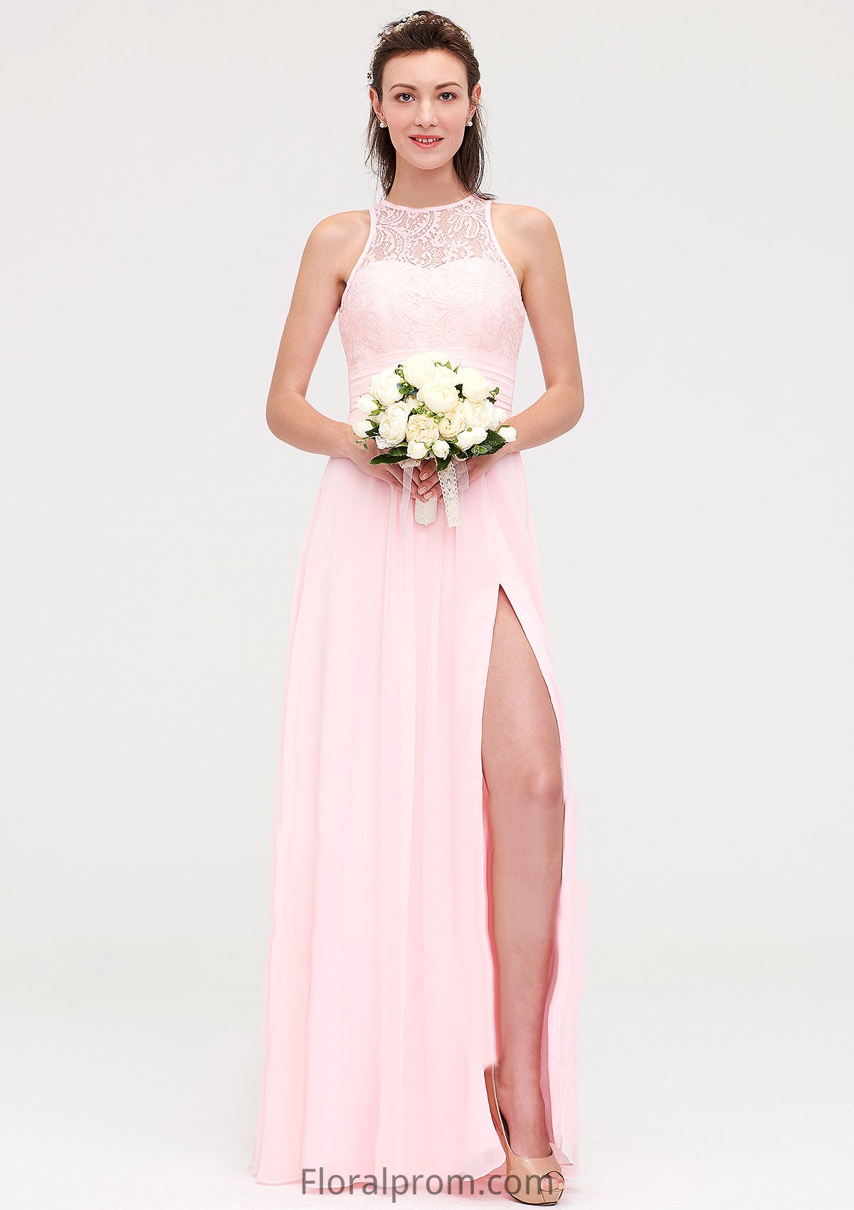 Sleeveless Scoop Neck Chiffon A-line/Princess Long/Floor-Length Bridesmaid Dresseses With Split Lace Zoe HJP0025349