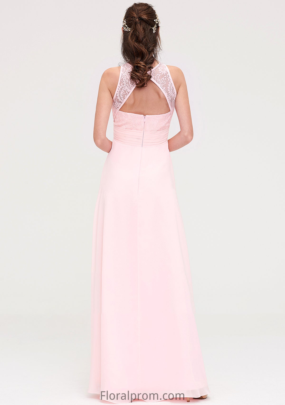 Sleeveless Scoop Neck Chiffon A-line/Princess Long/Floor-Length Bridesmaid Dresseses With Split Lace Zoe HJP0025349