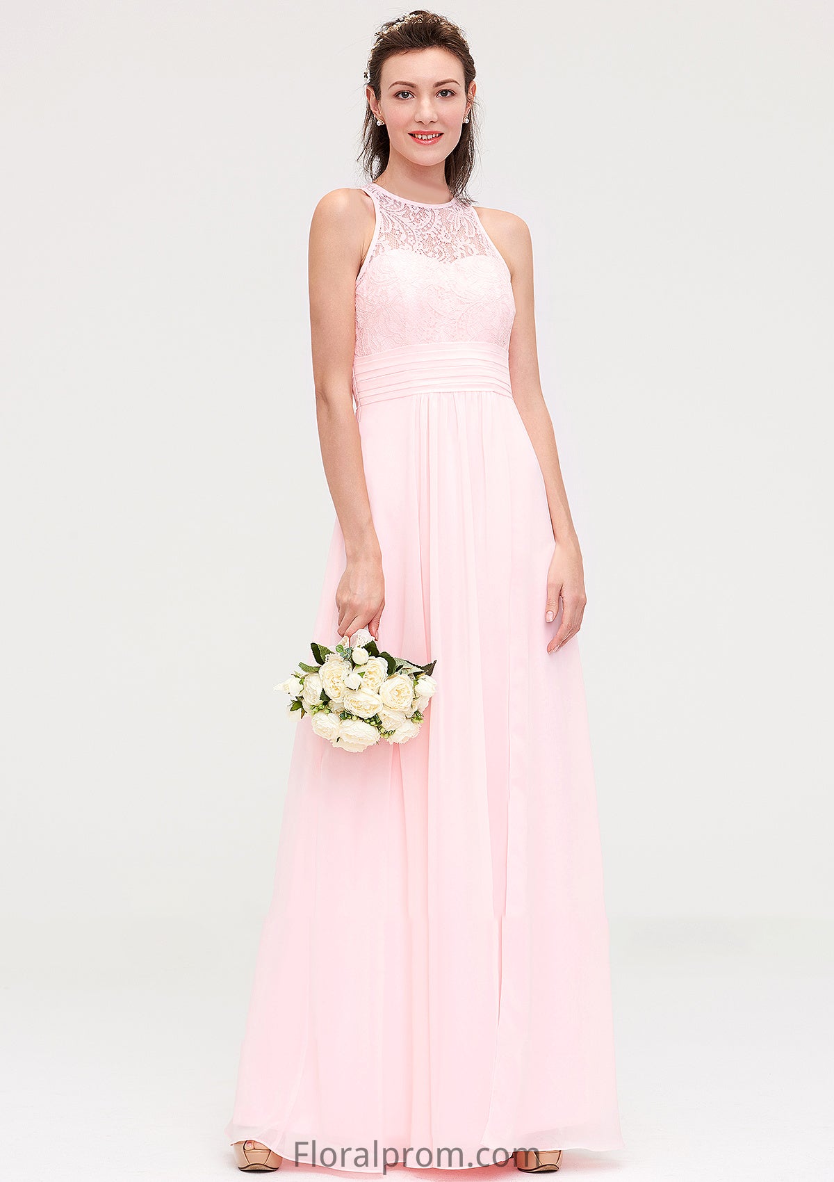 Sleeveless Scoop Neck Chiffon A-line/Princess Long/Floor-Length Bridesmaid Dresseses With Split Lace Zoe HJP0025349