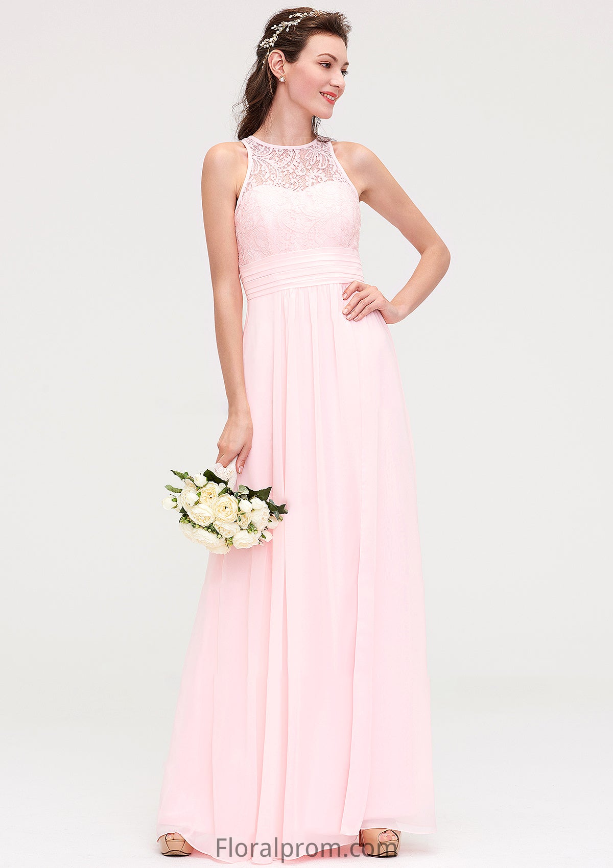 Sleeveless Scoop Neck Chiffon A-line/Princess Long/Floor-Length Bridesmaid Dresseses With Split Lace Zoe HJP0025349