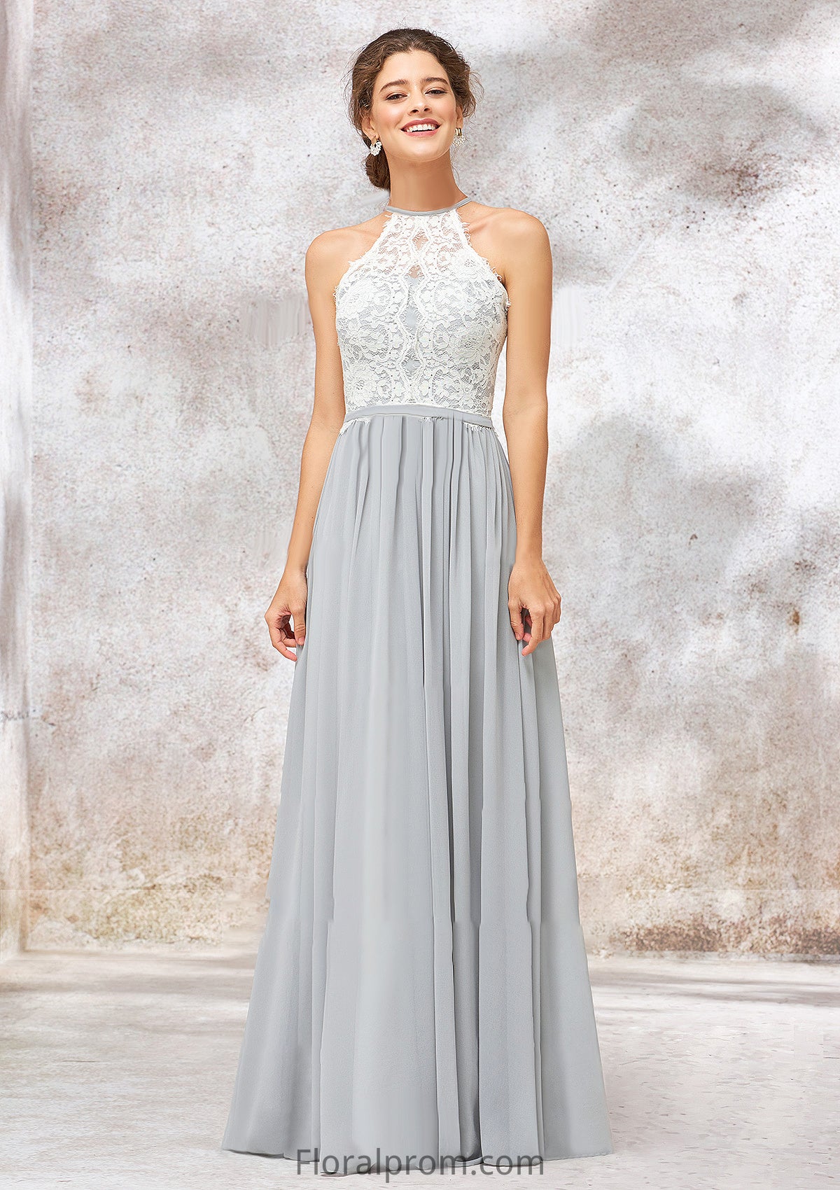 Scoop Neck A-line/Princess Sleeveless Chiffon Long/Floor-Length Bridesmaid Dresses With Lace Leyla HJP0025350