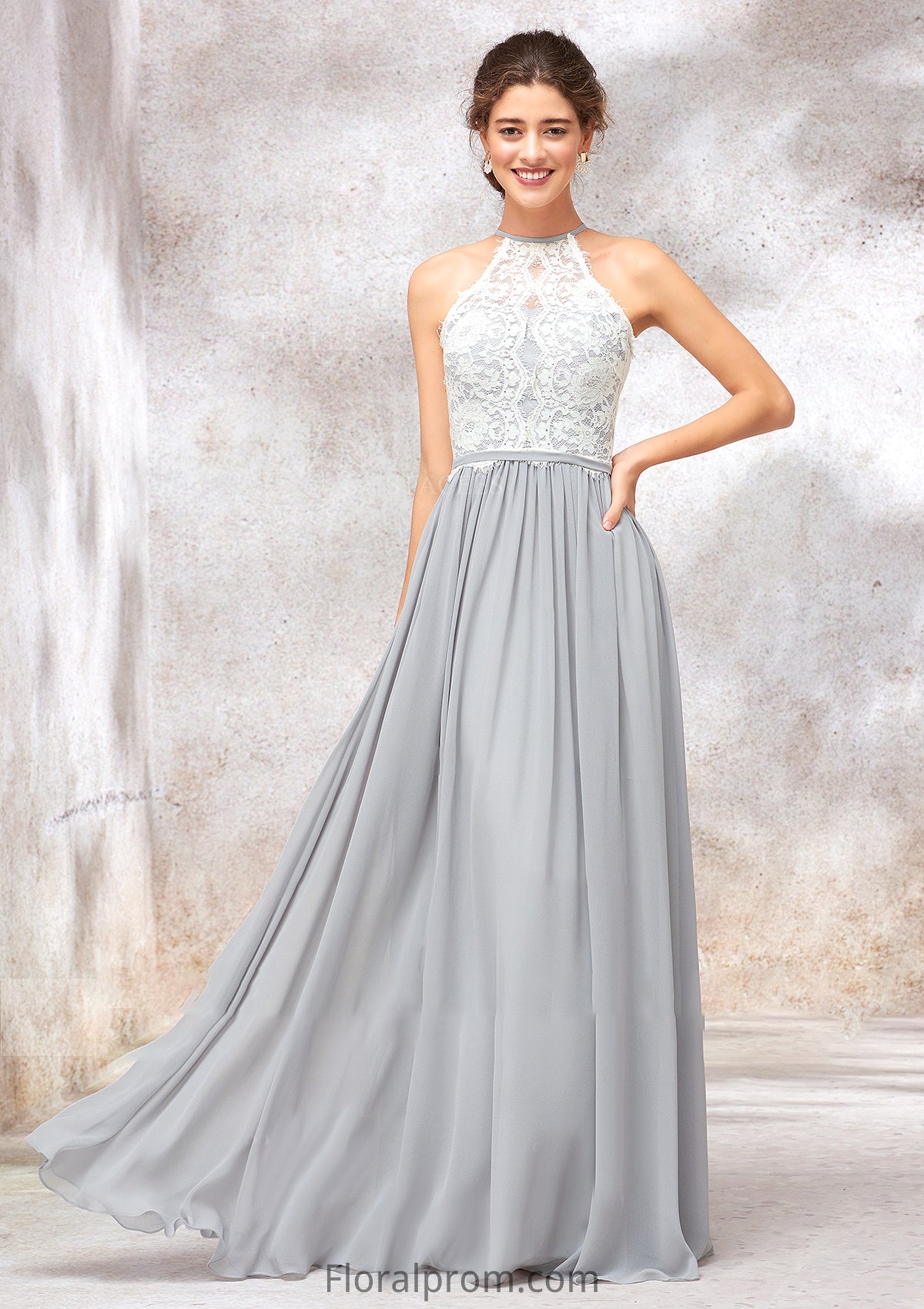 Scoop Neck A-line/Princess Sleeveless Chiffon Long/Floor-Length Bridesmaid Dresses With Lace Leyla HJP0025350