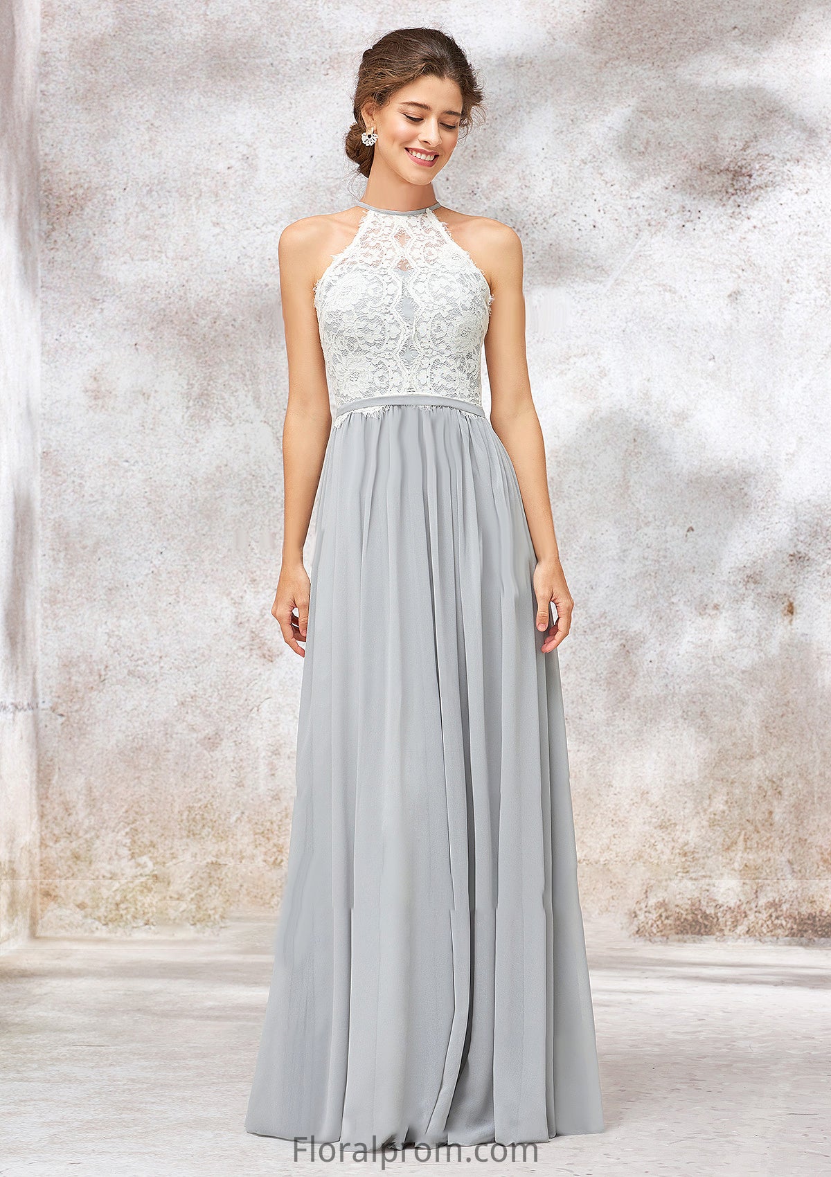 Scoop Neck A-line/Princess Sleeveless Chiffon Long/Floor-Length Bridesmaid Dresses With Lace Leyla HJP0025350