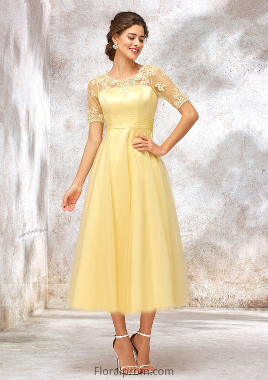 Short Sleeve A-line/Princess Tulle Bateau Bridesmaid Dresses With Lace Appliqued Savanna HJP0025351