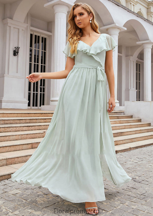 A-line V Neck Short Sleeve Long/Floor-Length Chiffon Bridesmaid Dresses With Sashes Ruffles Mercedes HJP0025352