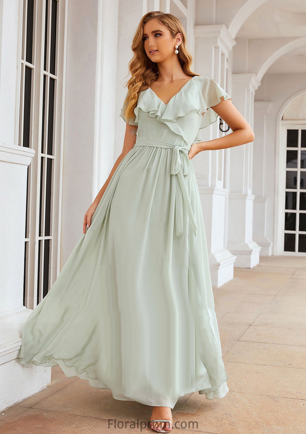 A-line V Neck Short Sleeve Long/Floor-Length Chiffon Bridesmaid Dresses With Sashes Ruffles Mercedes HJP0025352