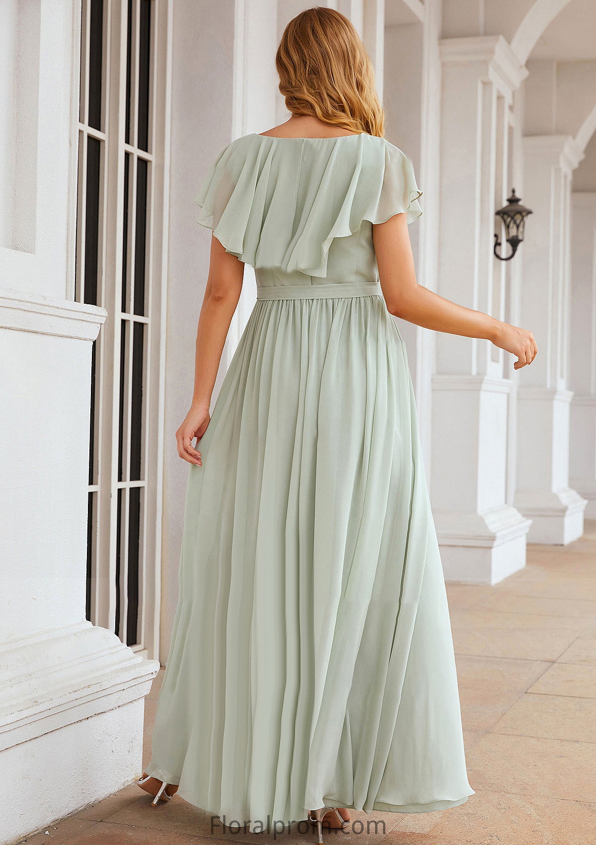 A-line V Neck Short Sleeve Long/Floor-Length Chiffon Bridesmaid Dresses With Sashes Ruffles Mercedes HJP0025352