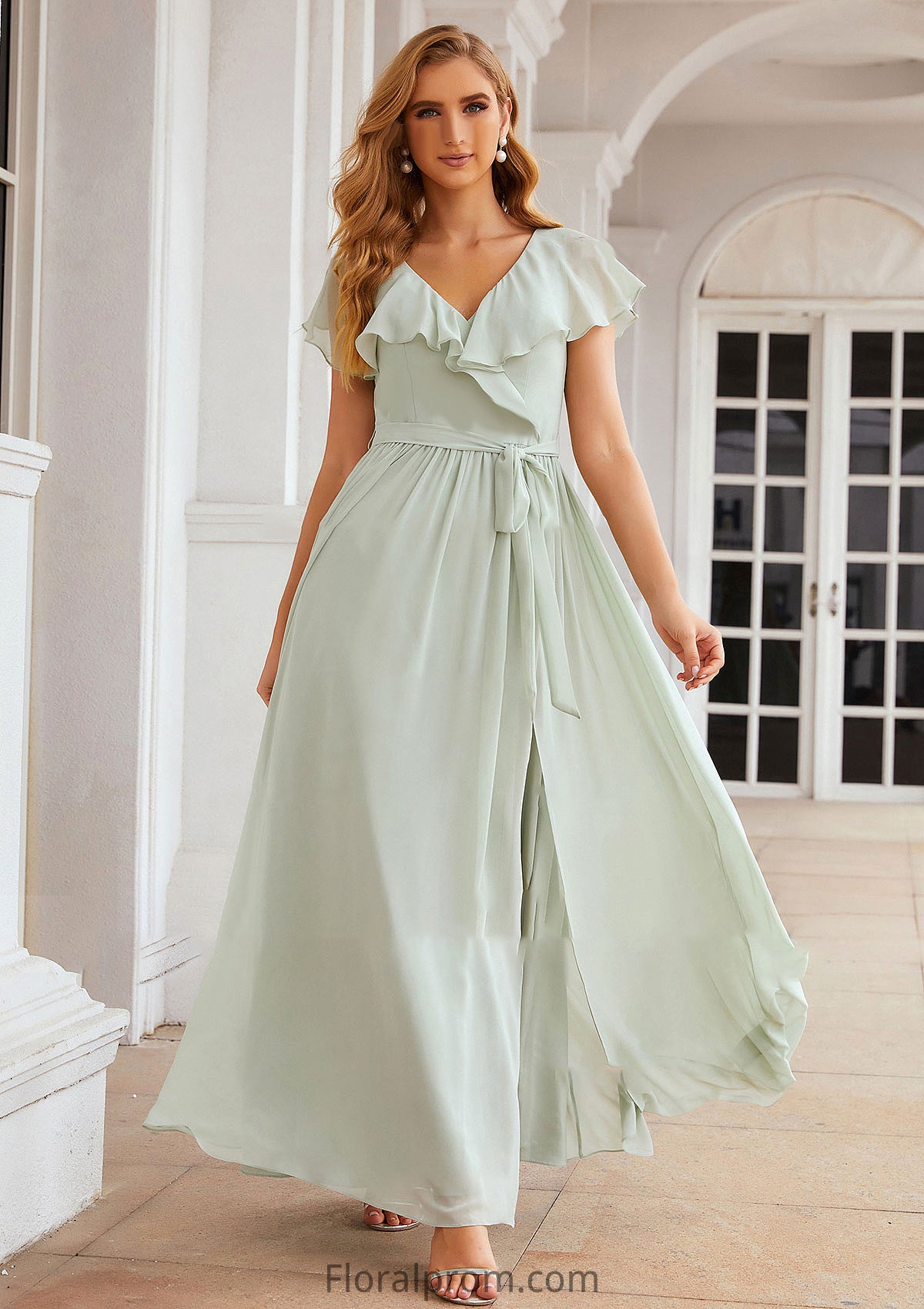 A-line V Neck Short Sleeve Long/Floor-Length Chiffon Bridesmaid Dresses With Sashes Ruffles Mercedes HJP0025352