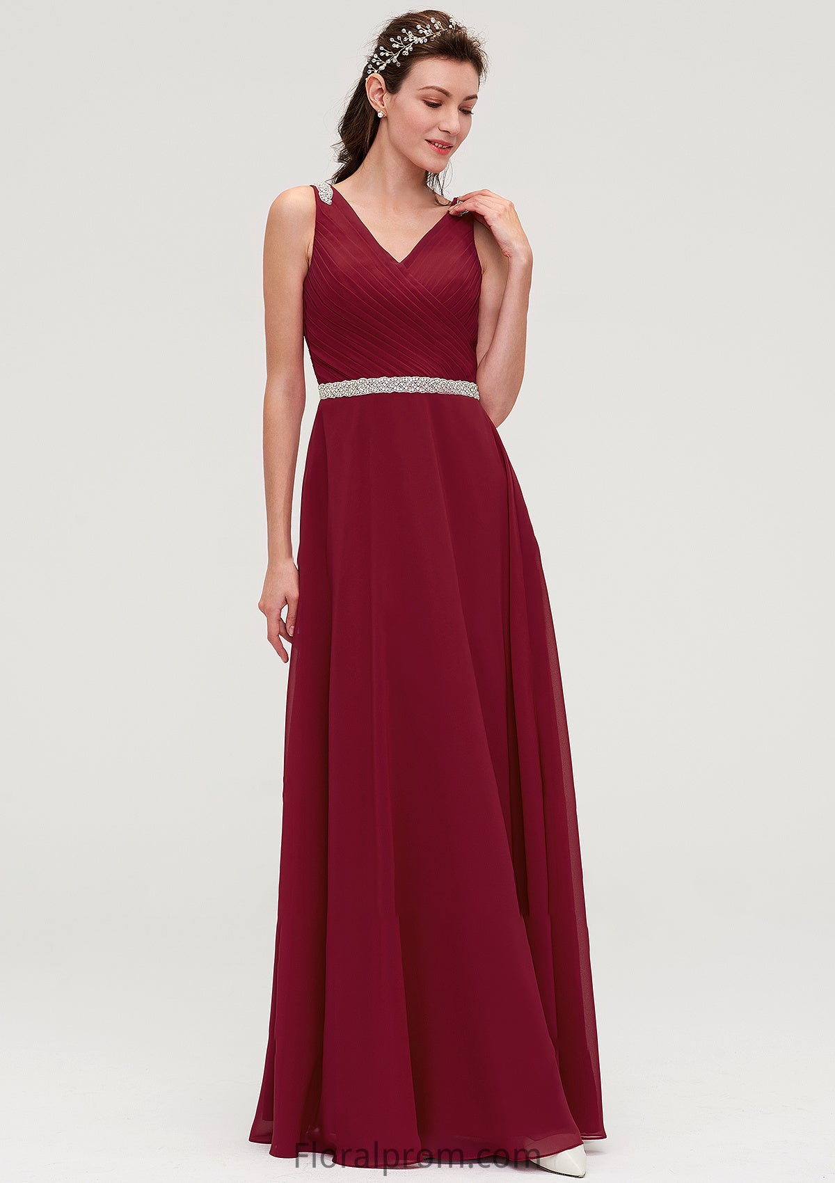 V Neck Sleeveless Chiffon A-line/Princess Long/Floor-Length Bridesmaid Dresseses With Waistband Beading Pleated Emelia HJP0025355