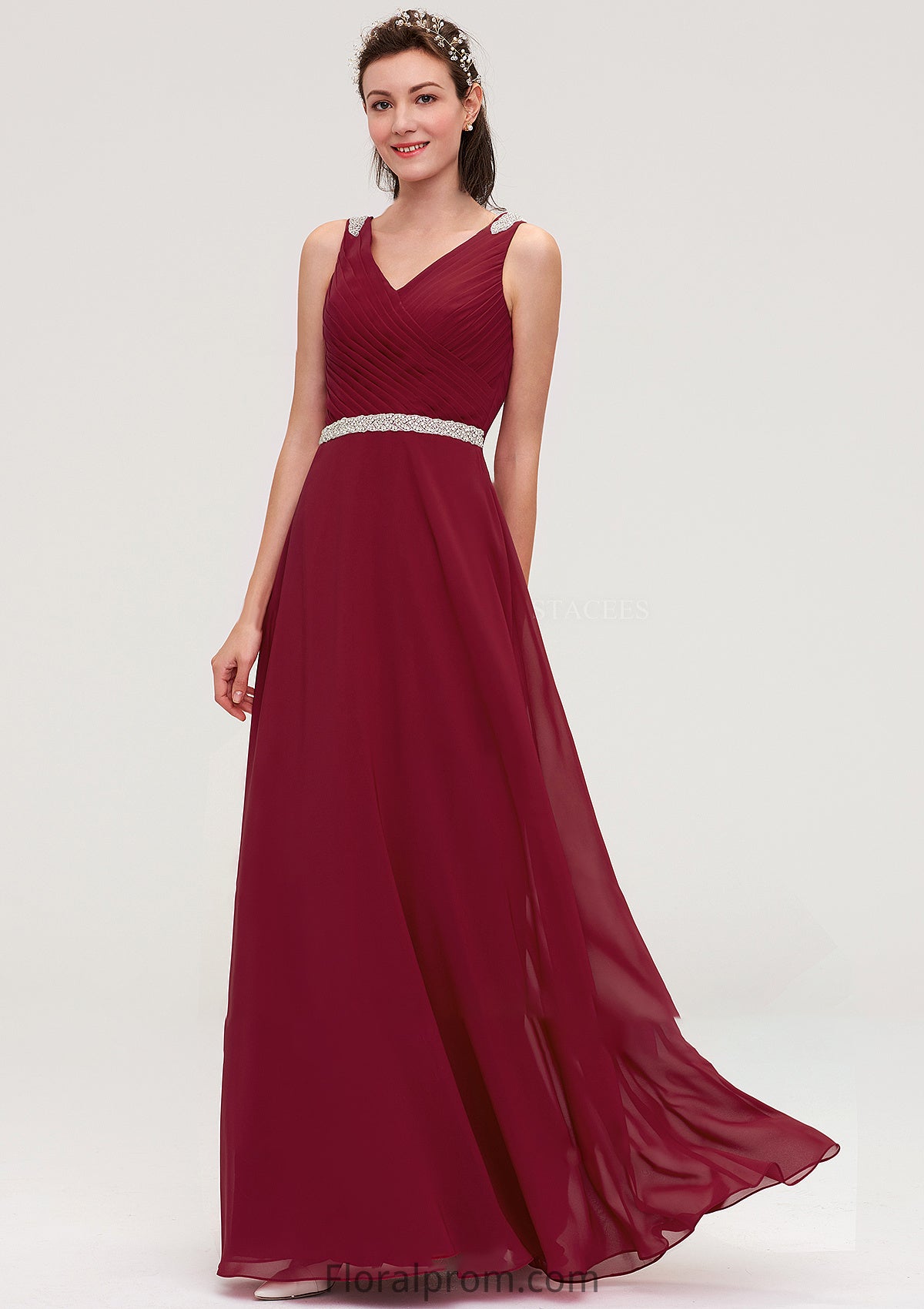 V Neck Sleeveless Chiffon A-line/Princess Long/Floor-Length Bridesmaid Dresseses With Waistband Beading Pleated Emelia HJP0025355