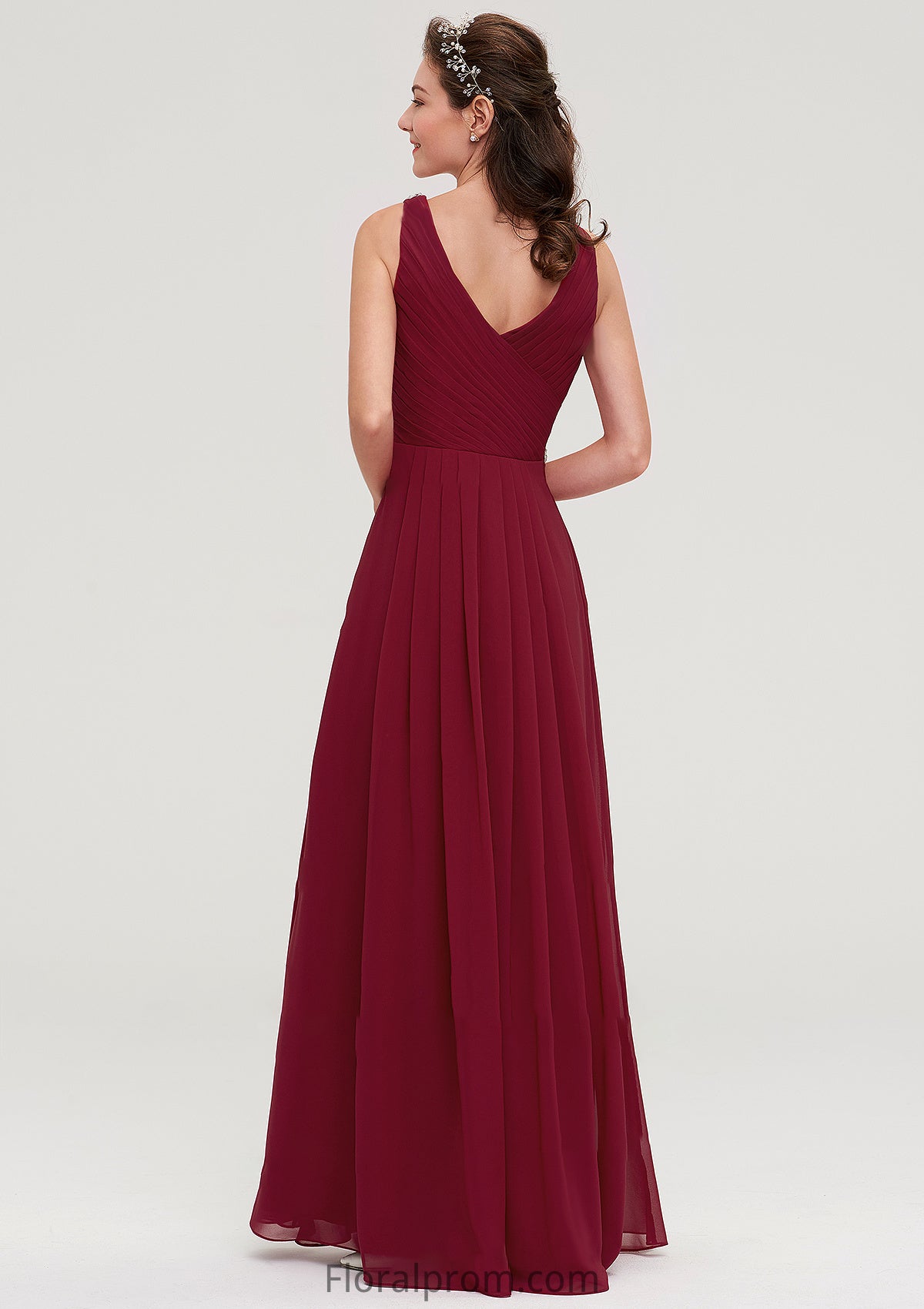 V Neck Sleeveless Chiffon A-line/Princess Long/Floor-Length Bridesmaid Dresseses With Waistband Beading Pleated Emelia HJP0025355