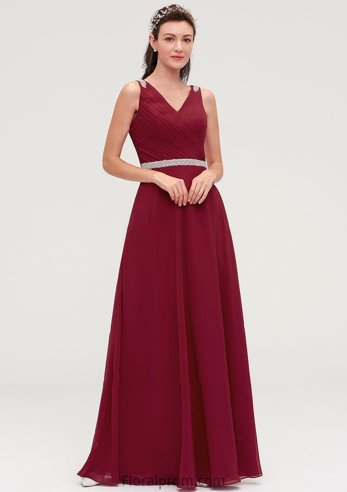 V Neck Sleeveless Chiffon A-line/Princess Long/Floor-Length Bridesmaid Dresseses With Waistband Beading Pleated Emelia HJP0025355