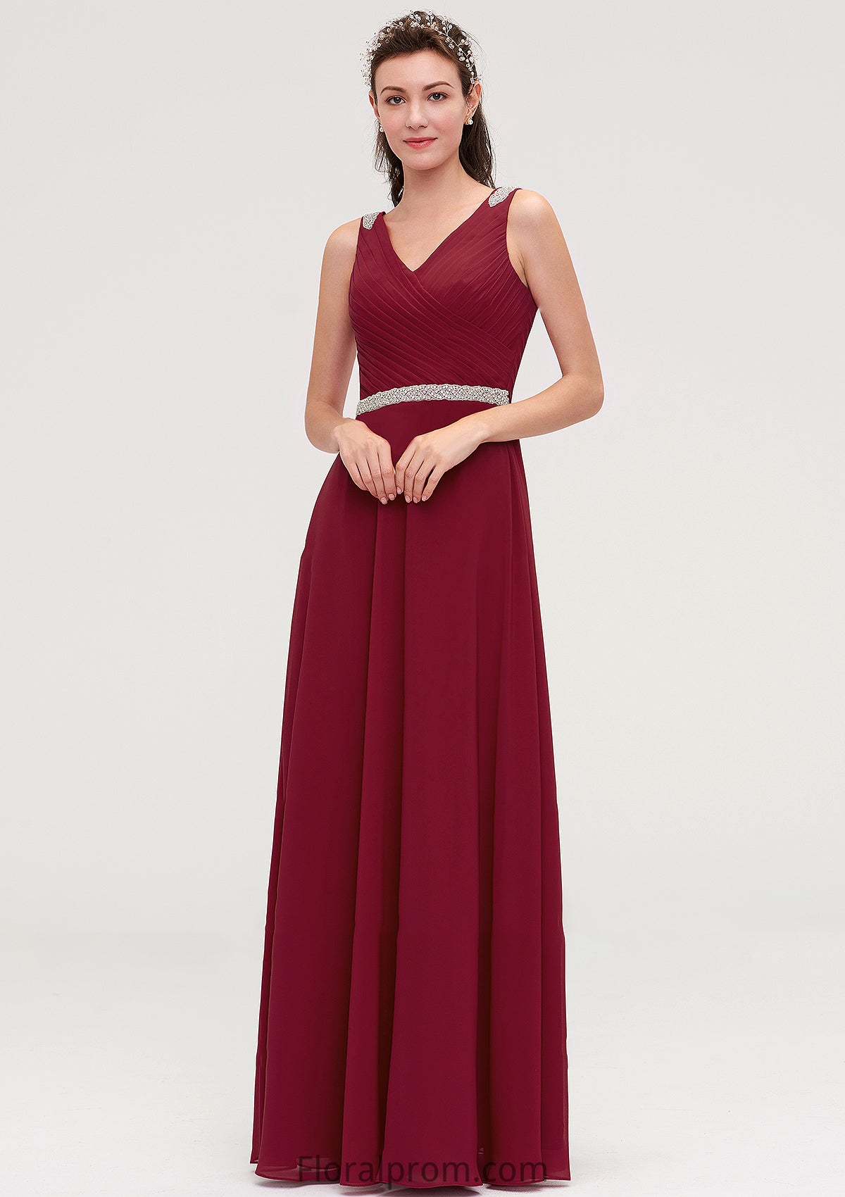 V Neck Sleeveless Chiffon A-line/Princess Long/Floor-Length Bridesmaid Dresseses With Waistband Beading Pleated Emelia HJP0025355