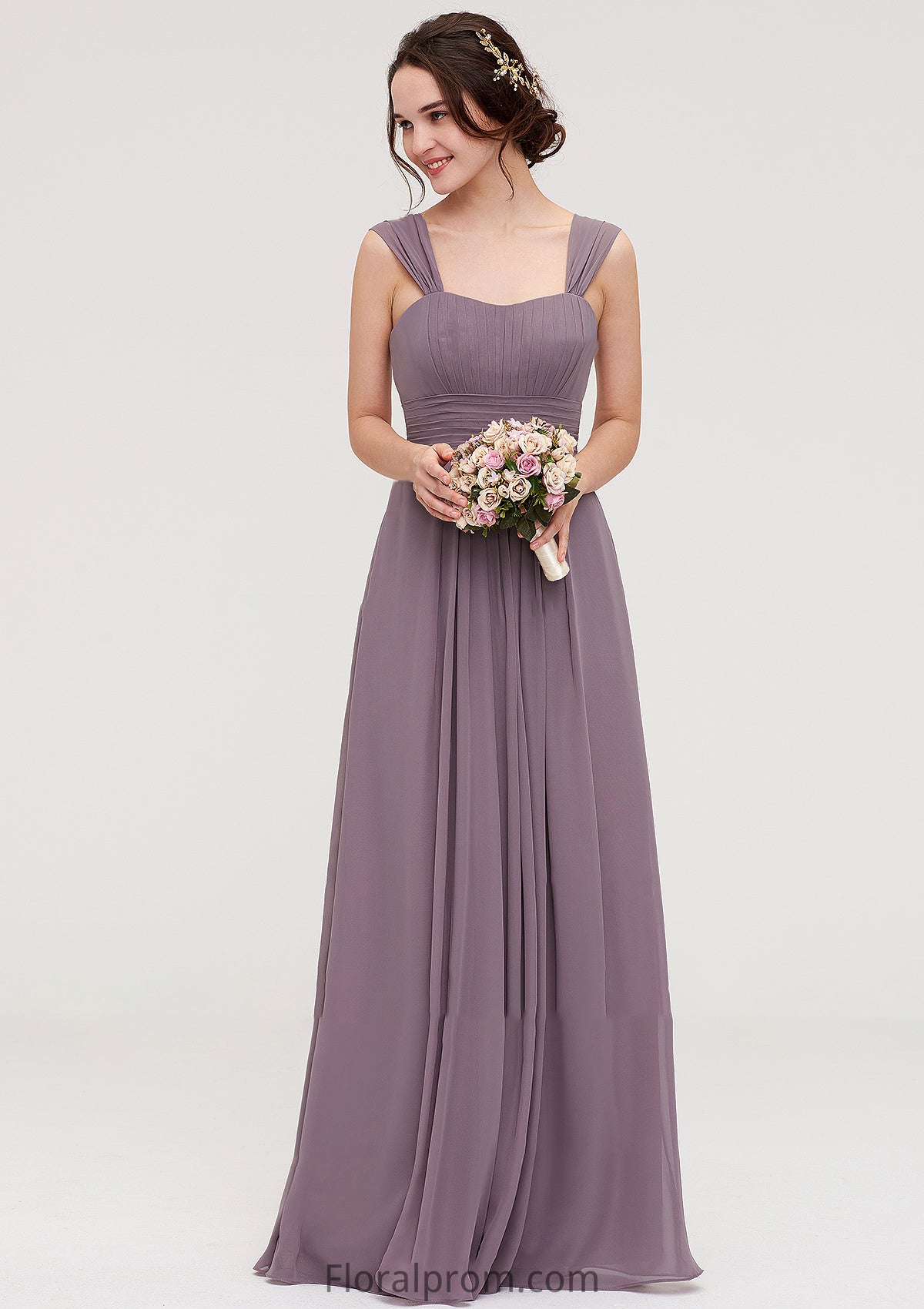 Square Neckline Sleeveless Chiffon Long/Floor-Length A-line/Princess Bridesmaid Dresses With Pleated Shea HJP0025356