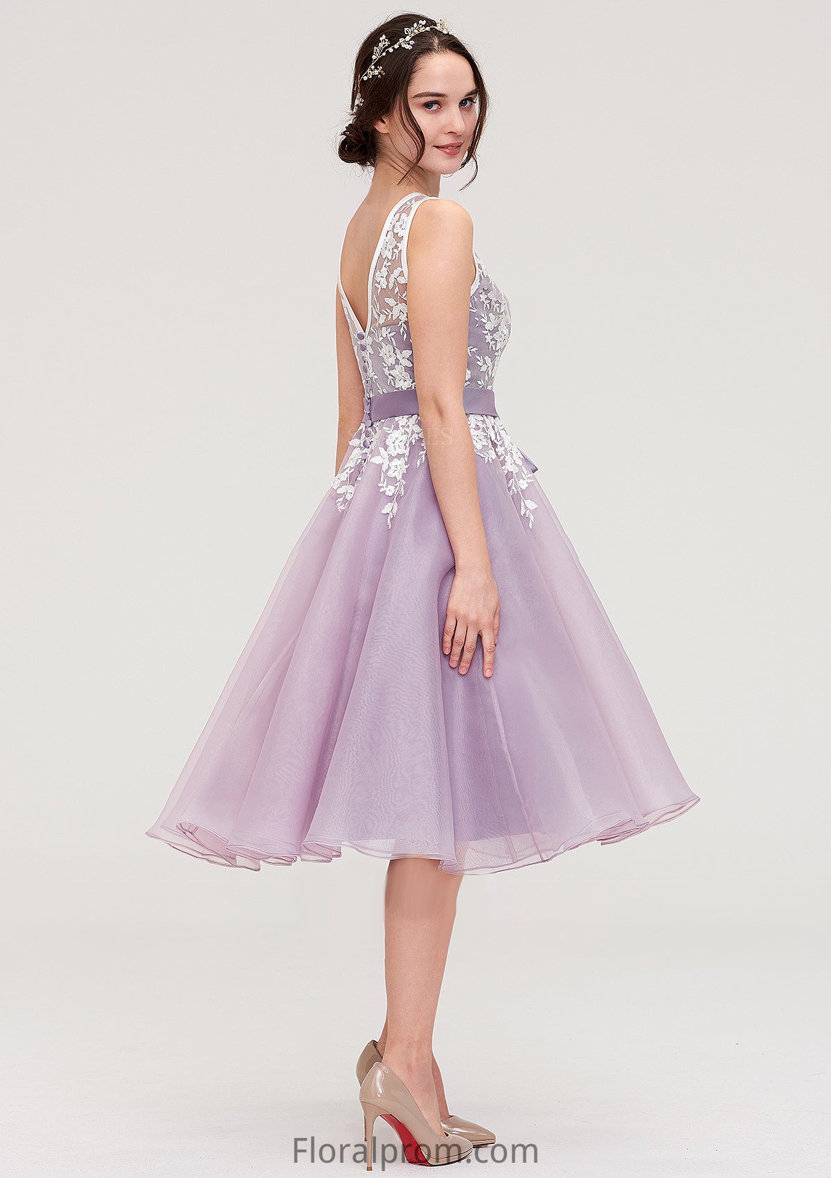 Bateau Sleeveless Organza Knee-Length A-line/Princess Bridesmaid Dresses With Sashes Lace Ashlyn HJP0025358