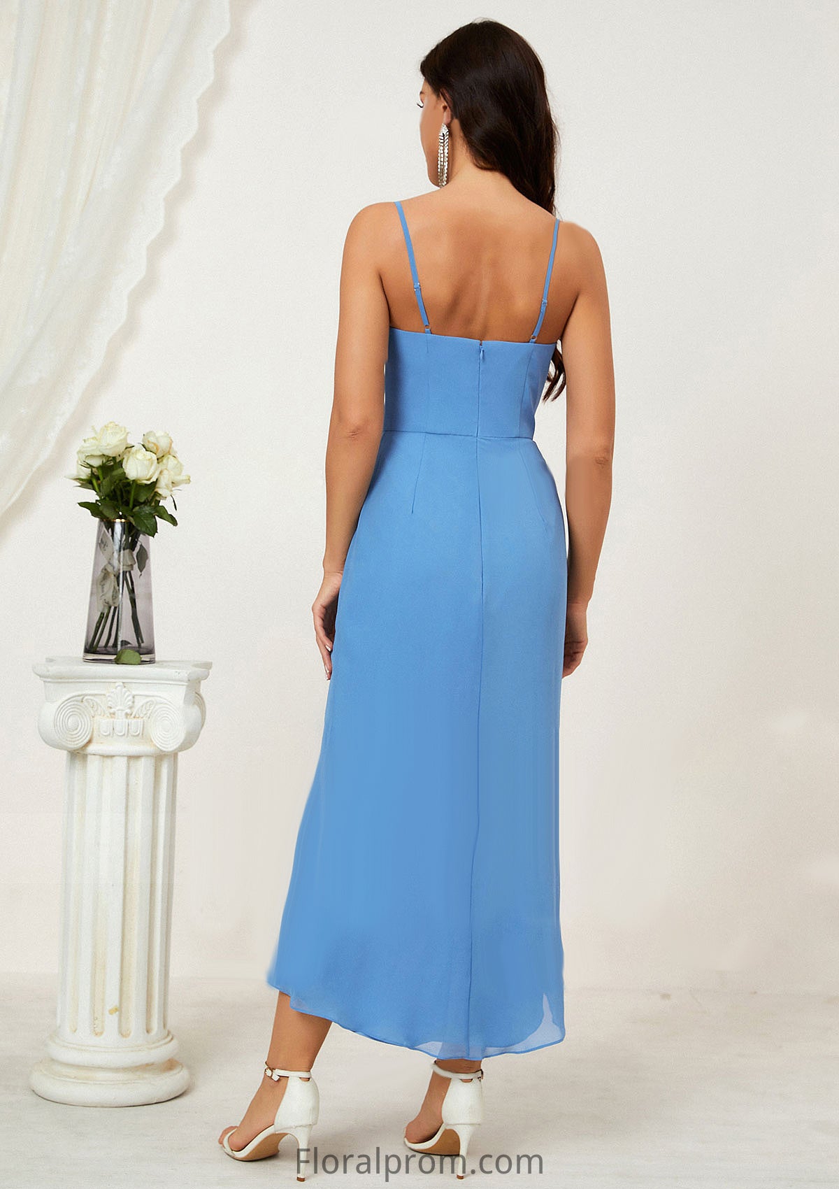 Sheath/Column Sweetheart Sleeveless Chiffon Asymmetrical Bridesmaid Dresses With Pleated Split London HJP0025359