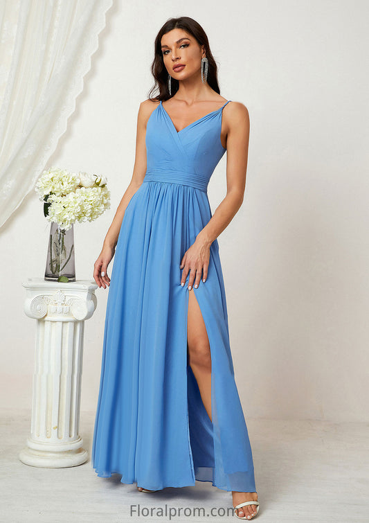 A-line V Neck Sleeveless Chiffon Long/Floor-Length Bridesmaid Dresses With Split Pleated Daisy HJP0025362