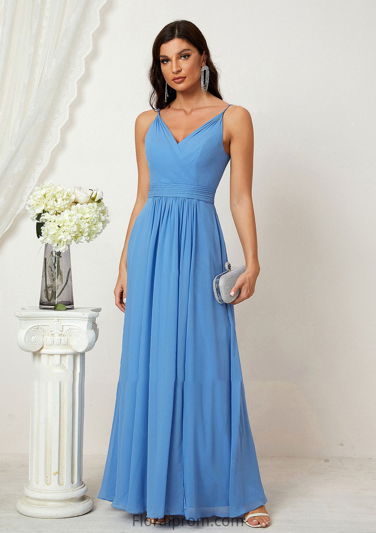 A-line V Neck Sleeveless Chiffon Long/Floor-Length Bridesmaid Dresses With Split Pleated Daisy HJP0025362