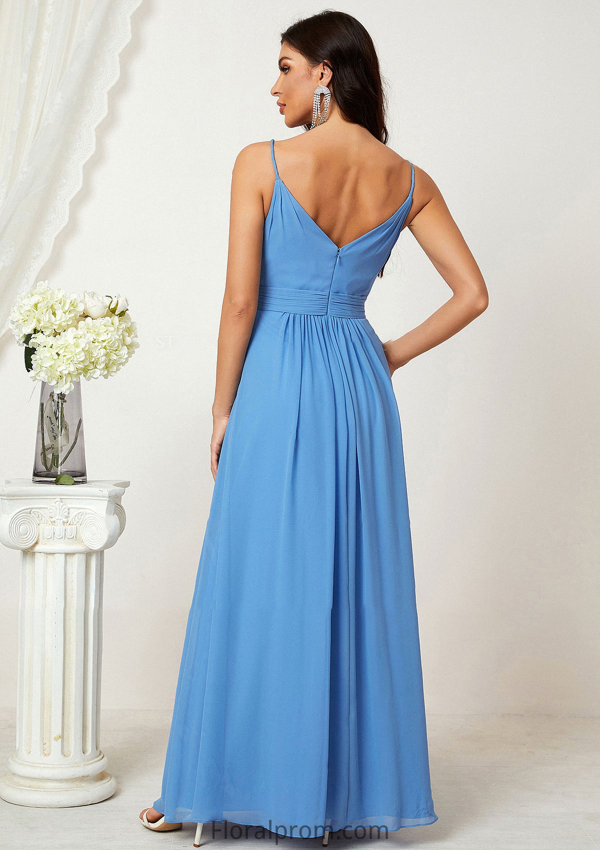 A-line V Neck Sleeveless Chiffon Long/Floor-Length Bridesmaid Dresses With Split Pleated Daisy HJP0025362