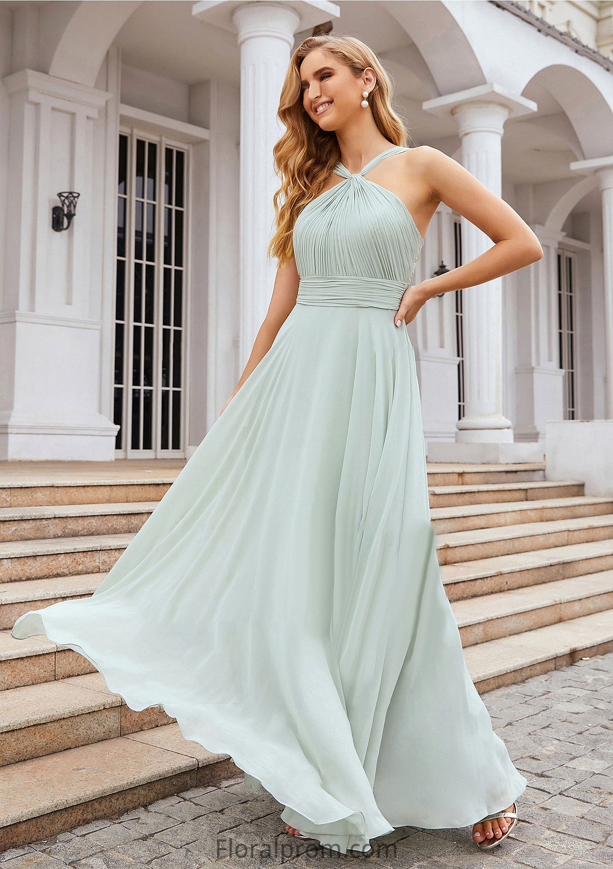 A-line Scalloped Neck Sleeveless Long/Floor-Length Chiffon Bridesmaid Dresses With Pleated Skyla HJP0025366