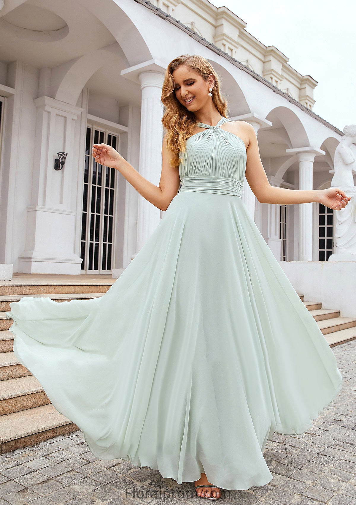 A-line Scalloped Neck Sleeveless Long/Floor-Length Chiffon Bridesmaid Dresses With Pleated Skyla HJP0025366