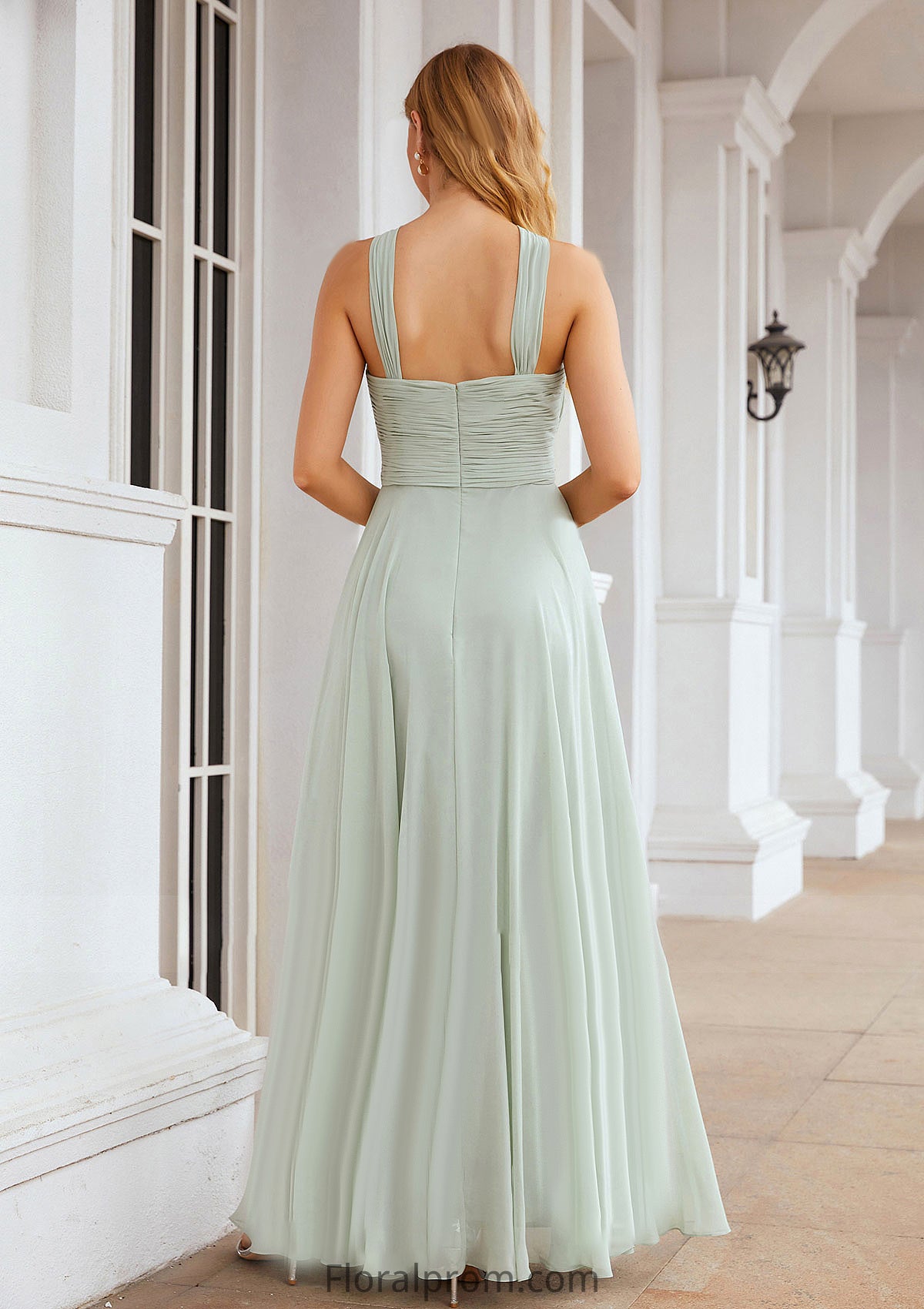 A-line Scalloped Neck Sleeveless Long/Floor-Length Chiffon Bridesmaid Dresses With Pleated Skyla HJP0025366