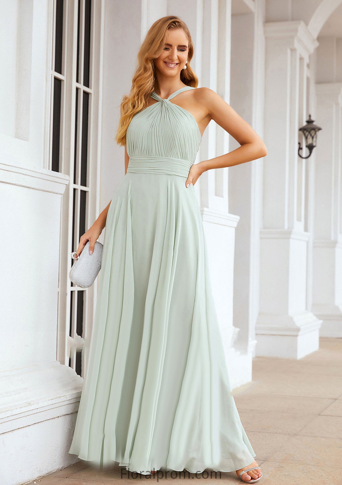 A-line Scalloped Neck Sleeveless Long/Floor-Length Chiffon Bridesmaid Dresses With Pleated Skyla HJP0025366