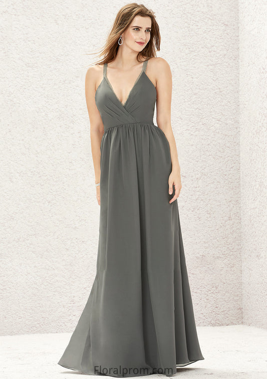 A-line V Neck Sleeveless Chiffon Long/Floor-Length Bridesmaid Dresses With Pleated Lace Kaitlin HJP0025367