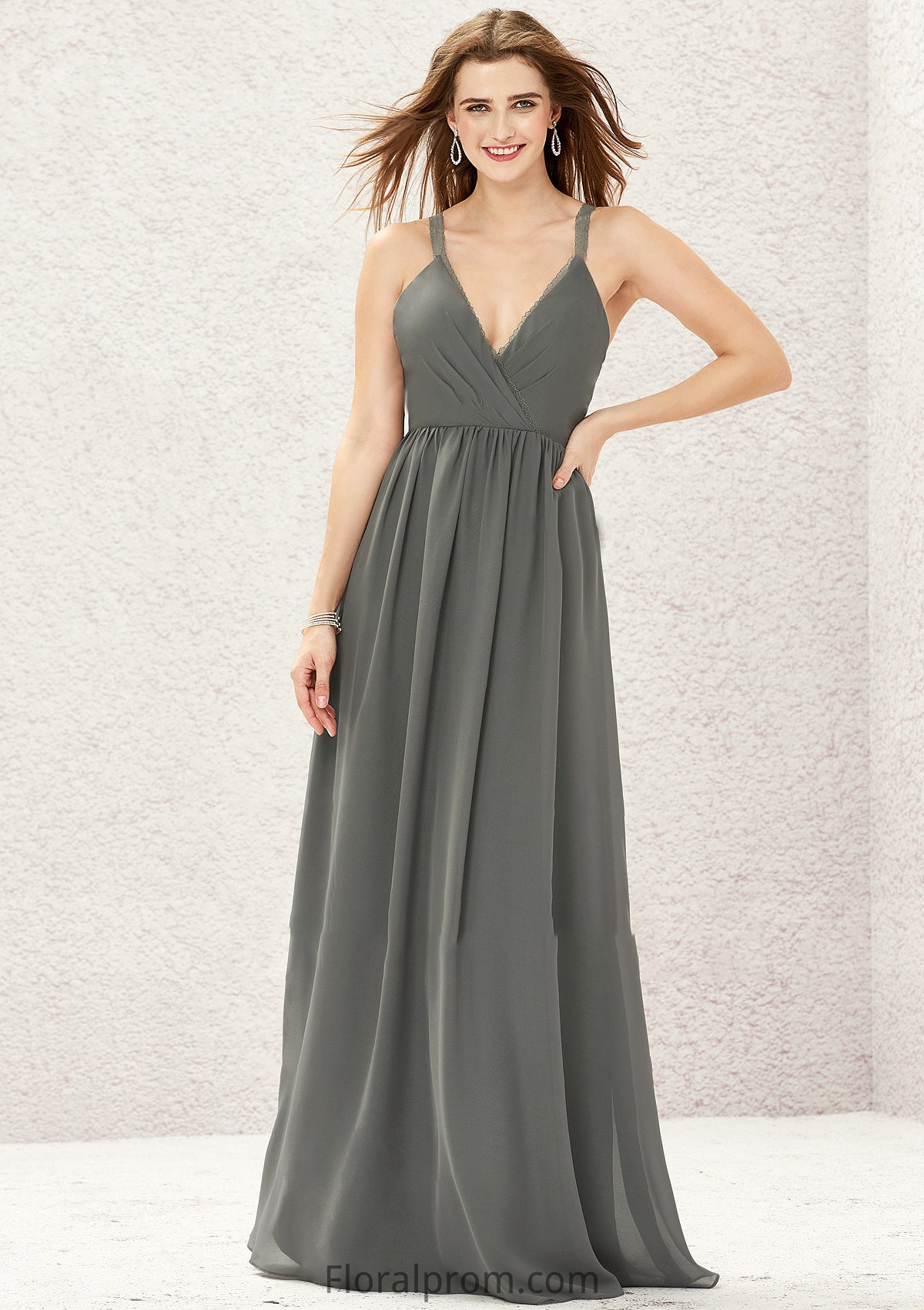 A-line V Neck Sleeveless Chiffon Long/Floor-Length Bridesmaid Dresses With Pleated Lace Kaitlin HJP0025367