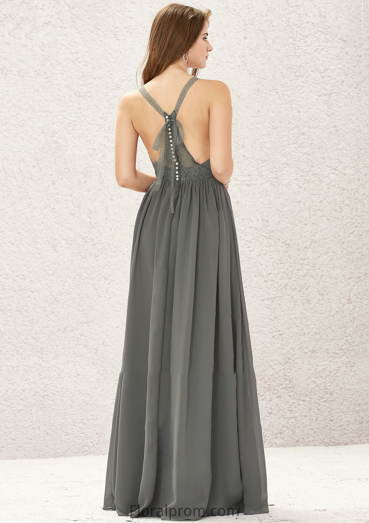 A-line V Neck Sleeveless Chiffon Long/Floor-Length Bridesmaid Dresses With Pleated Lace Kaitlin HJP0025367