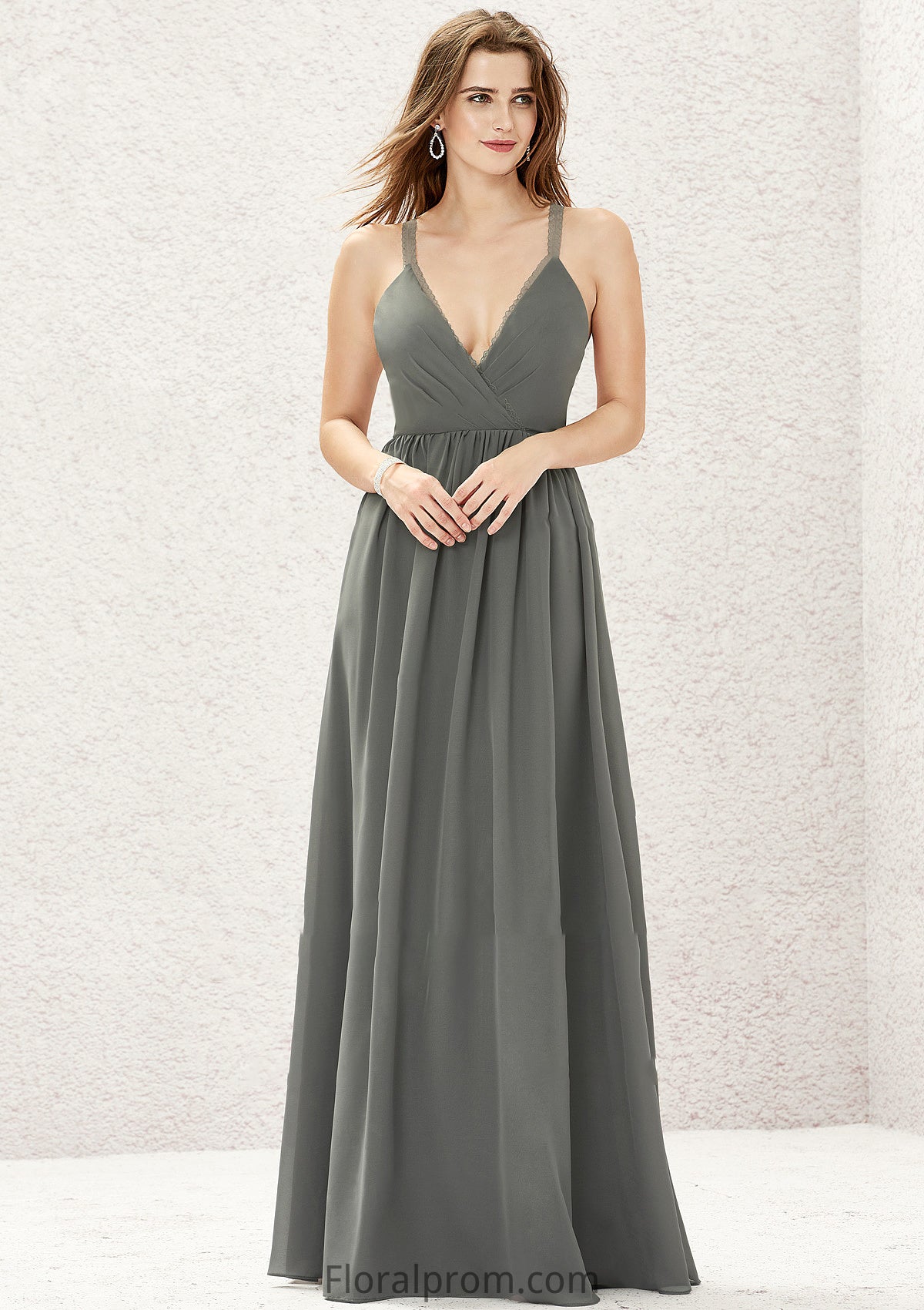 A-line V Neck Sleeveless Chiffon Long/Floor-Length Bridesmaid Dresses With Pleated Lace Kaitlin HJP0025367