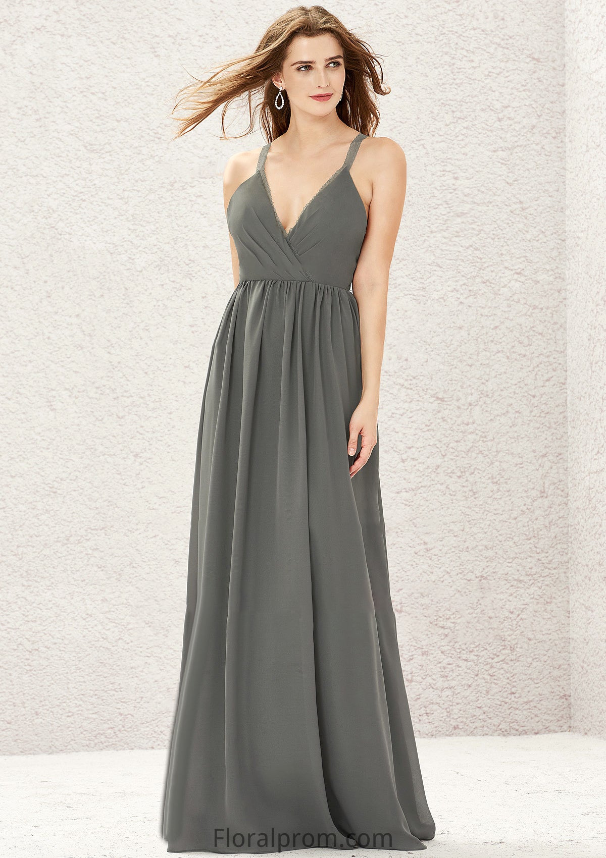 A-line V Neck Sleeveless Chiffon Long/Floor-Length Bridesmaid Dresses With Pleated Lace Kaitlin HJP0025367