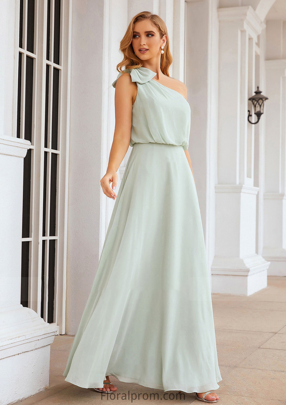 A-line One-Shoulder Sleeveless Long/Floor-Length Chiffon Bridesmaid Dresses With Shoulder Flower Gwendolyn HJP0025369